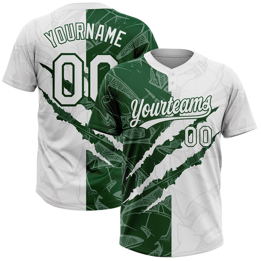 Custom Graffiti Pattern White-Green 3D Scratch Two-Button Unisex Softball Jersey - Main View
