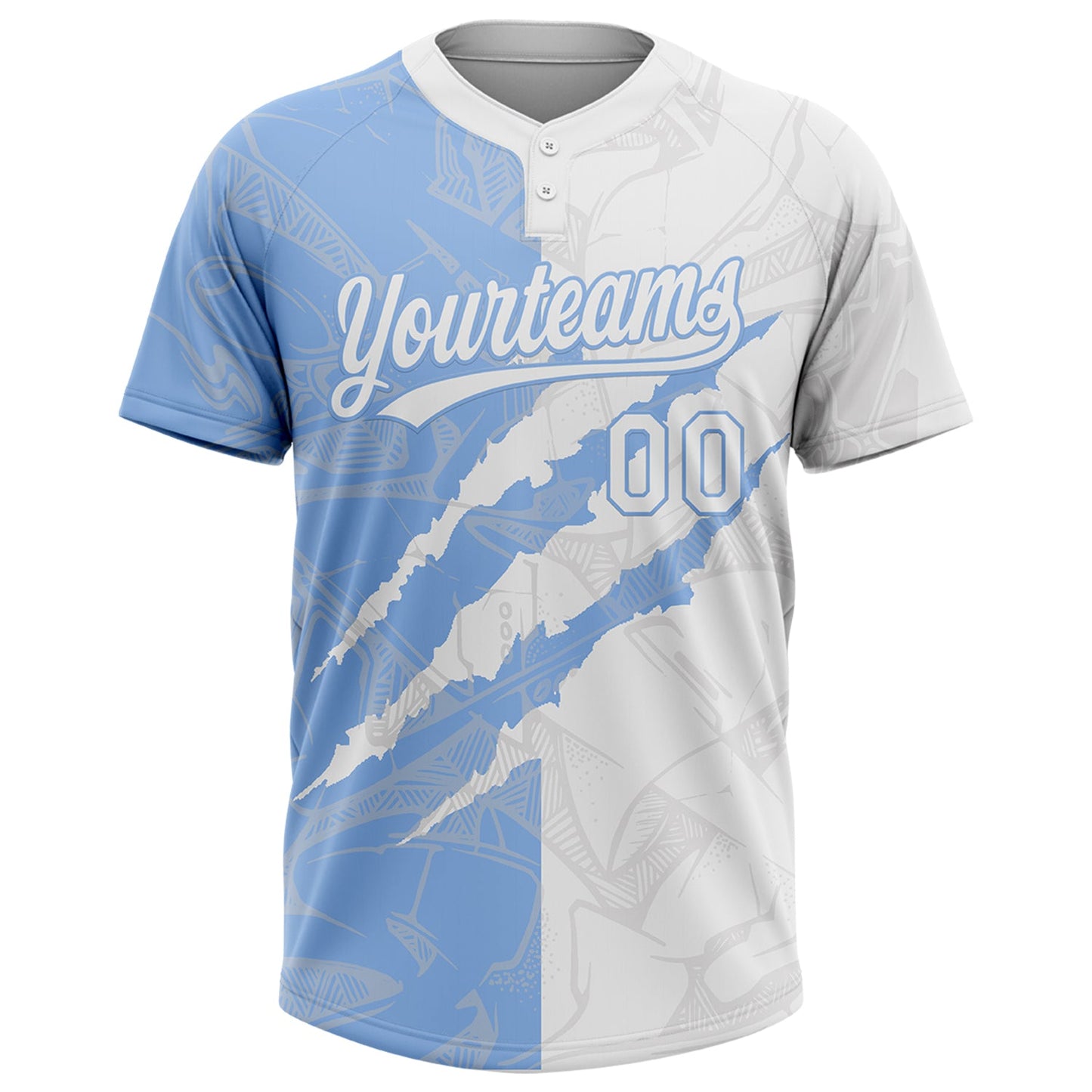 Custom Graffiti Pattern White-Light Blue 3D Scratch Two-Button Unisex Softball Jersey view 2