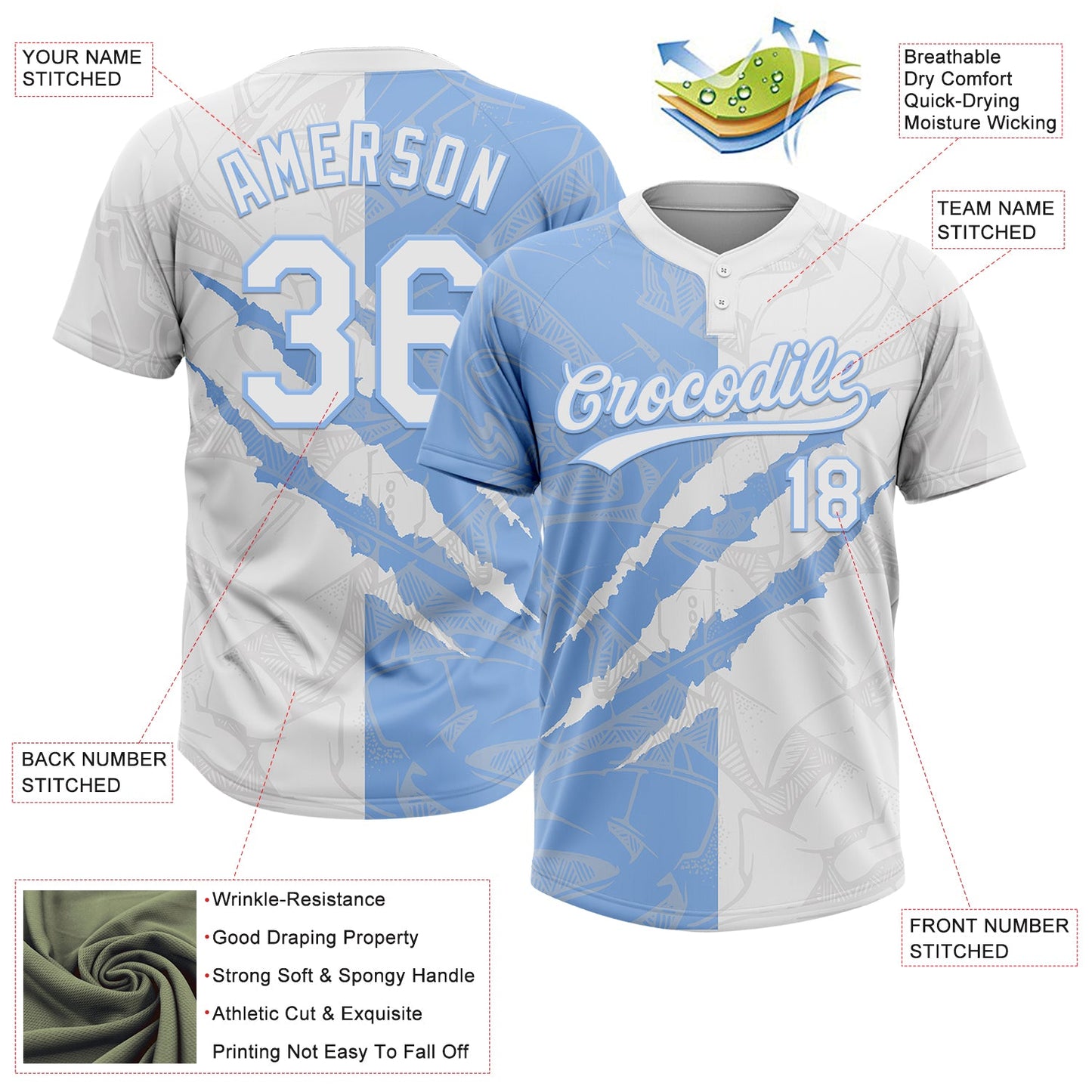 Custom Graffiti Pattern White-Light Blue 3D Scratch Two-Button Unisex Softball Jersey view 3
