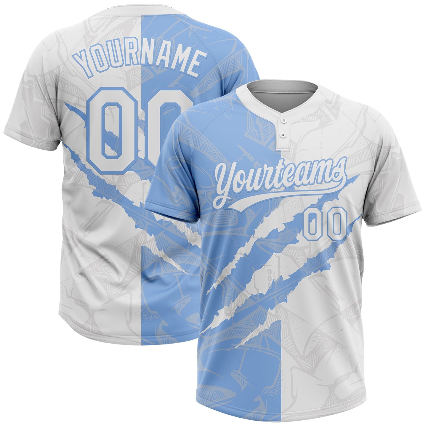 Custom Graffiti Pattern White-Light Blue 3D Scratch Two-Button Unisex Softball Jersey - Main View