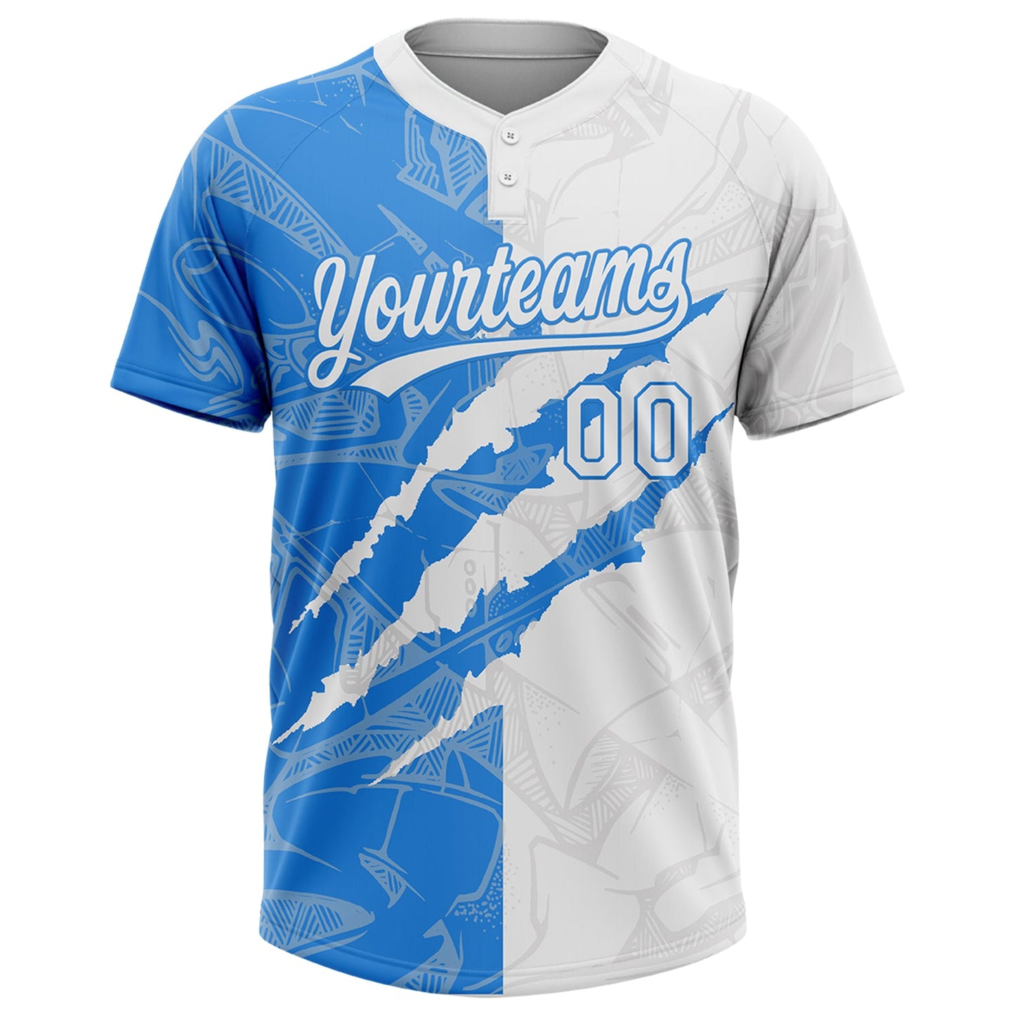 Custom Graffiti Pattern White-Electric Blue 3D Scratch Two-Button Unisex Softball Jersey view 2