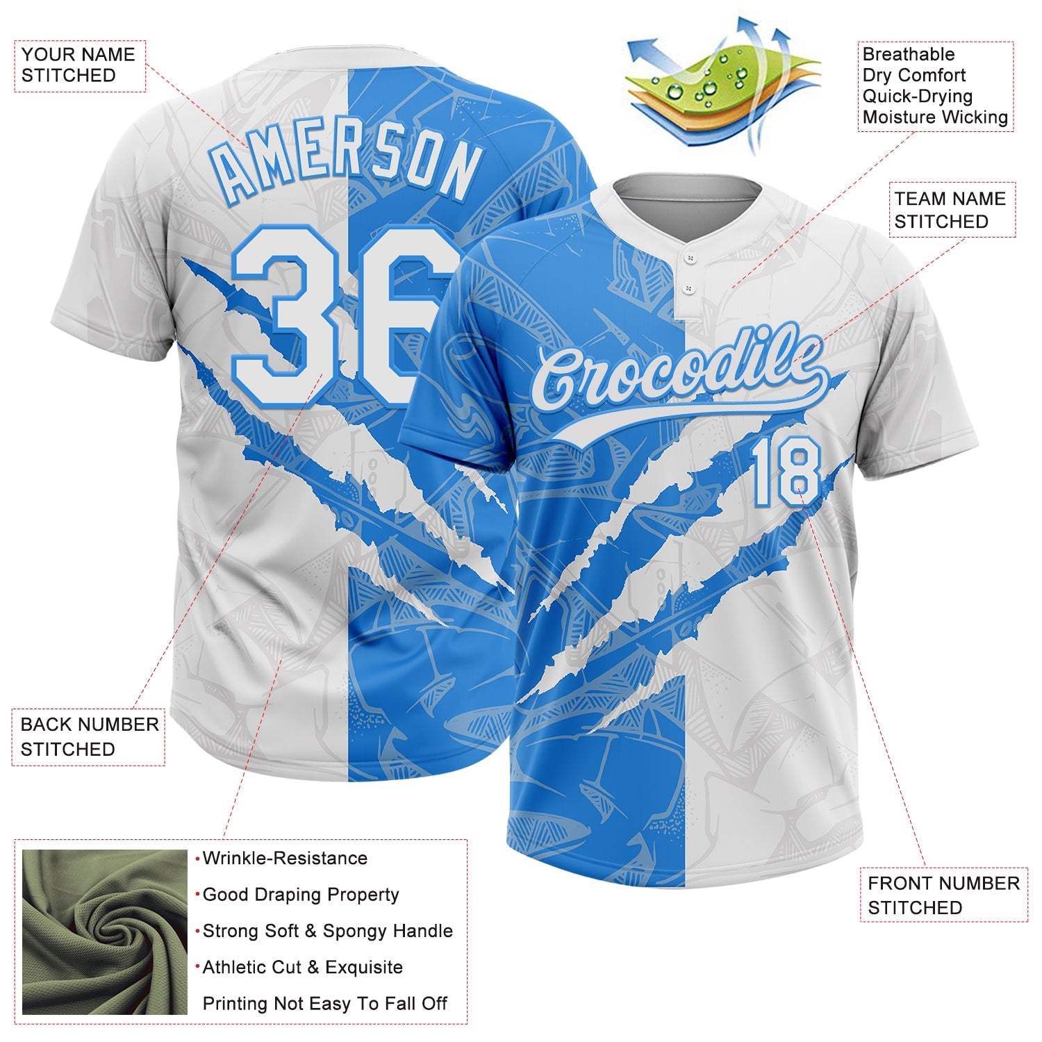 Custom Graffiti Pattern White-Electric Blue 3D Scratch Two-Button Unisex Softball Jersey view 3
