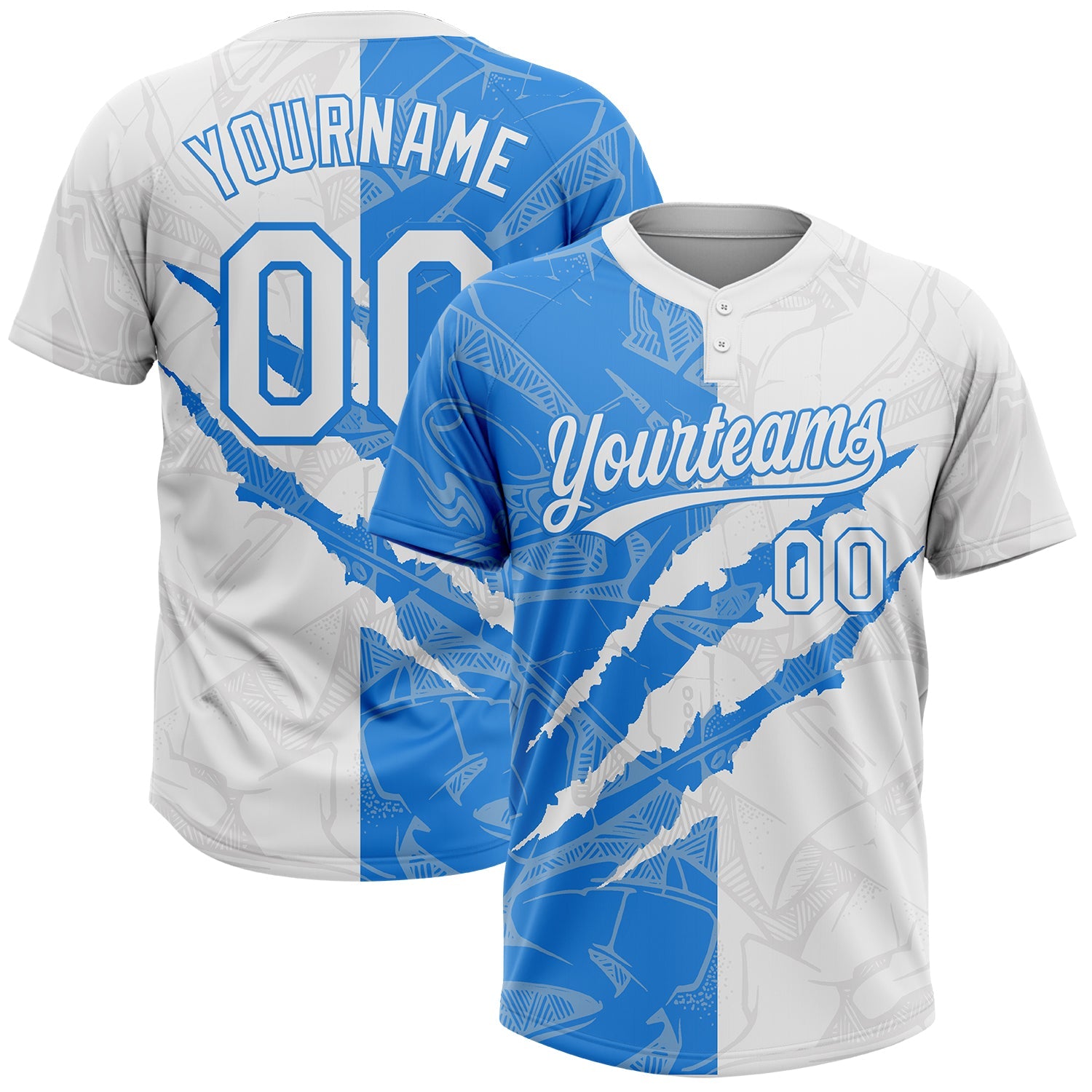 Custom Graffiti Pattern White-Electric Blue 3D Scratch Two-Button Unisex Softball Jersey - Main View