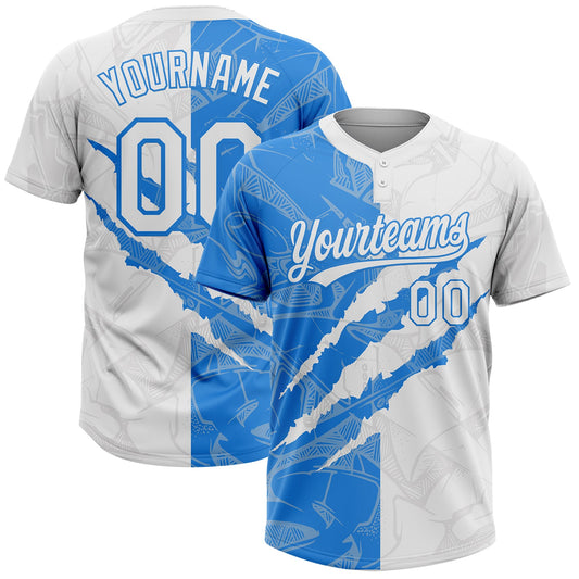 Custom Graffiti Pattern White-Electric Blue 3D Scratch Two-Button Unisex Softball Jersey - Main View