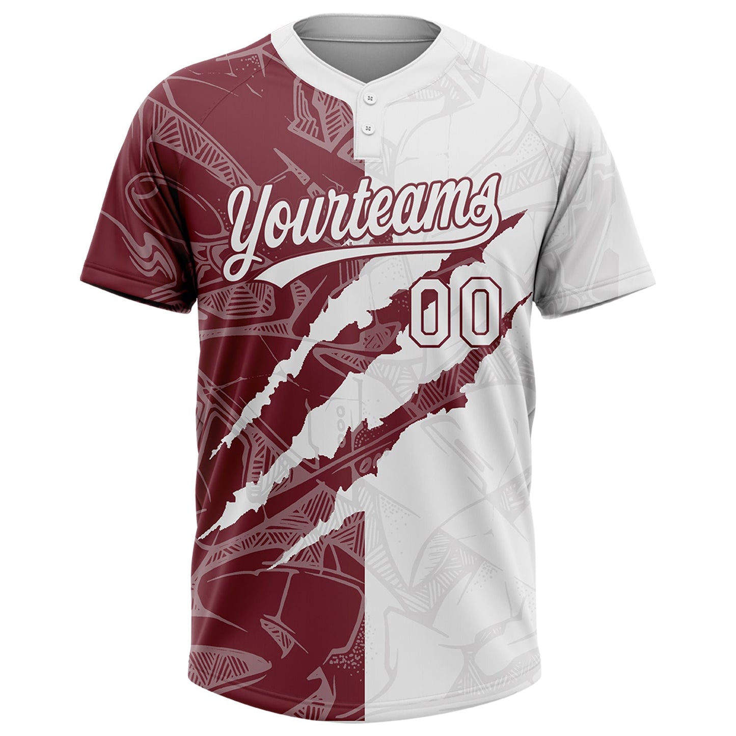 Custom Graffiti Pattern White-Burgundy 3D Scratch Two-Button Unisex Softball Jersey view 2