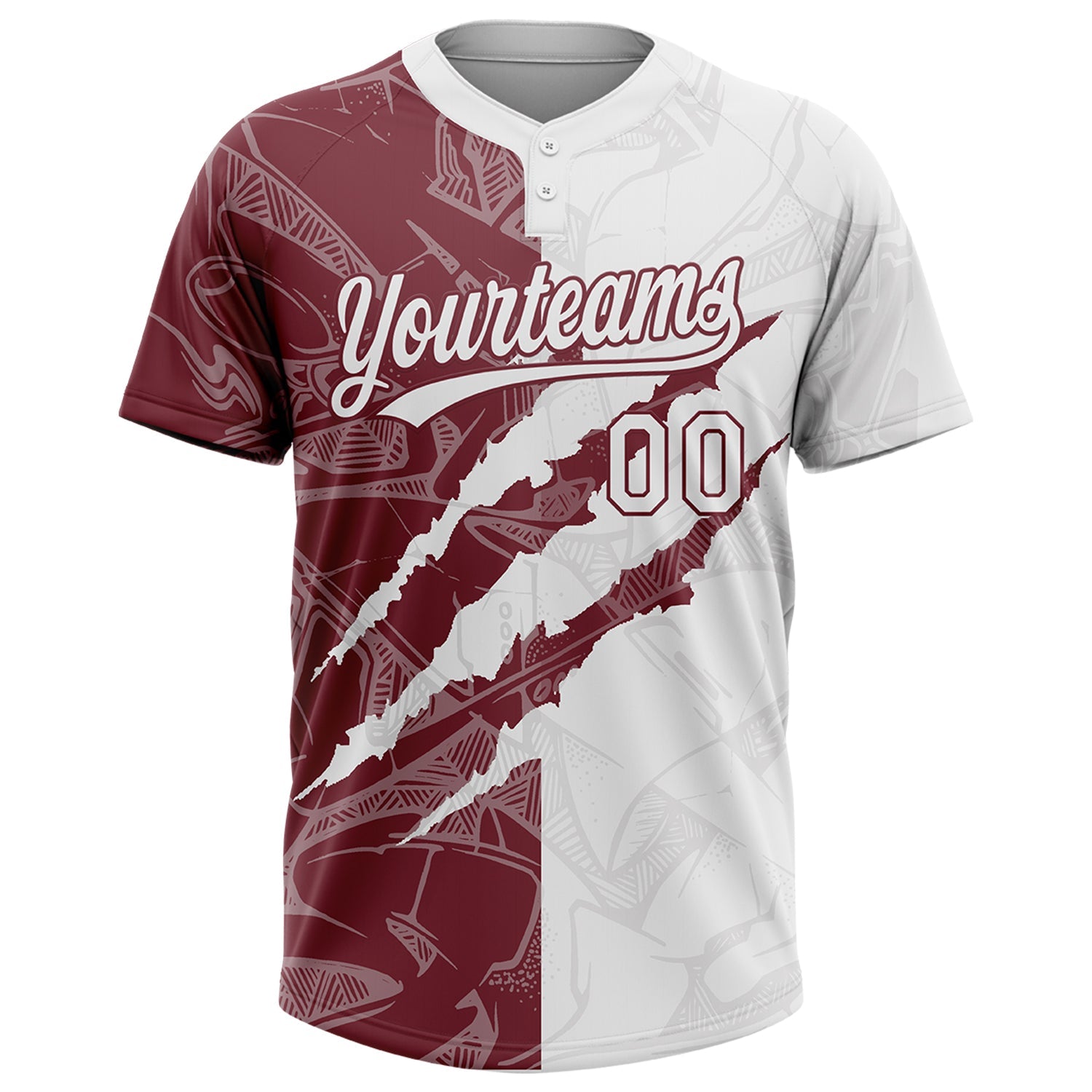 Custom Graffiti Pattern White-Burgundy 3D Scratch Two-Button Unisex Softball Jersey view 2