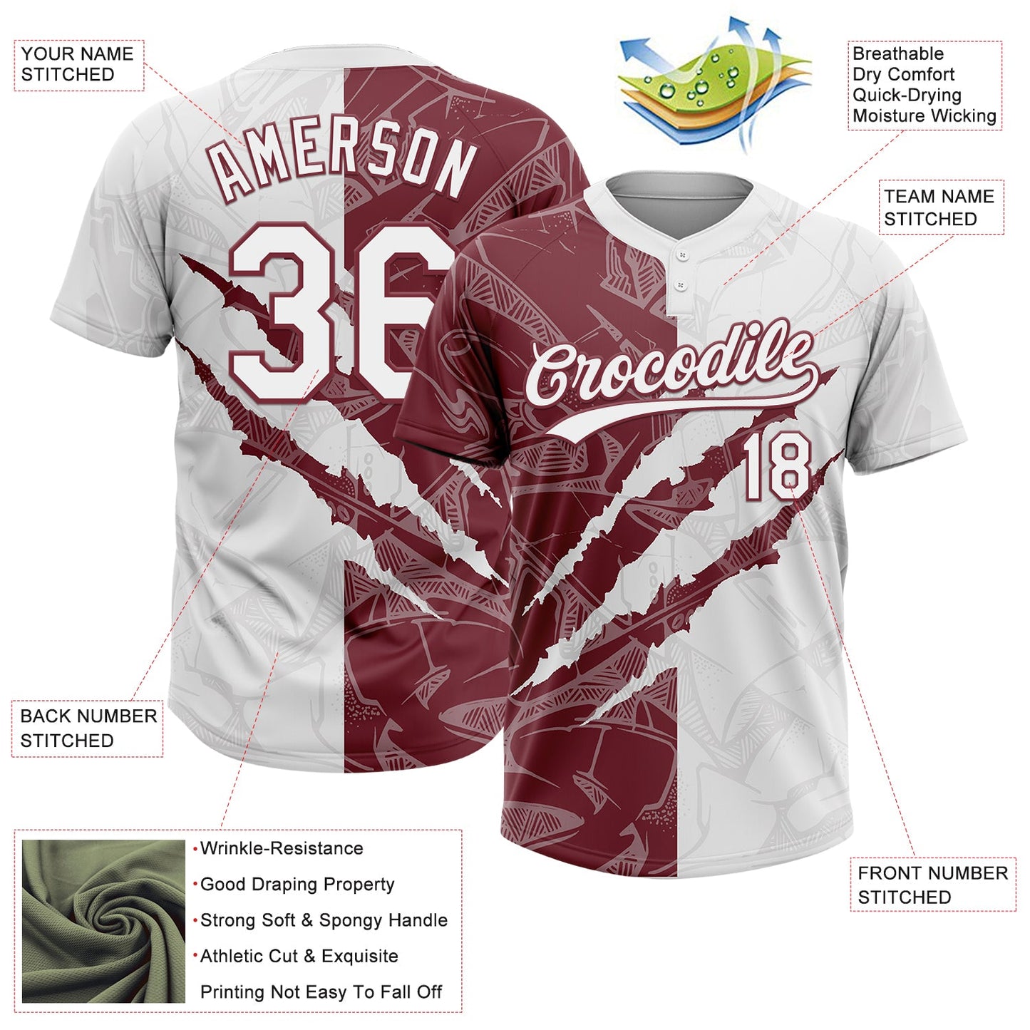 Custom Graffiti Pattern White-Burgundy 3D Scratch Two-Button Unisex Softball Jersey view 3