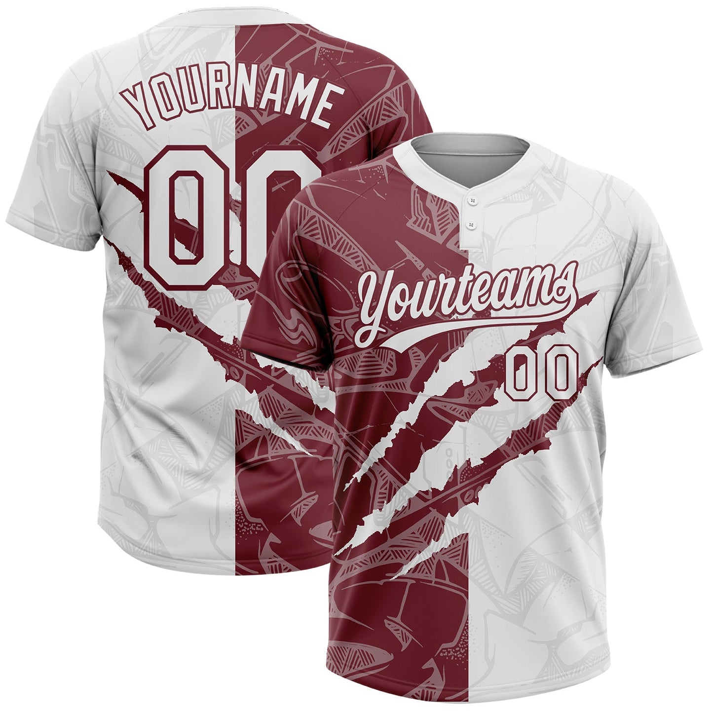 Custom Graffiti Pattern White-Burgundy 3D Scratch Two-Button Unisex Softball Jersey - Main View