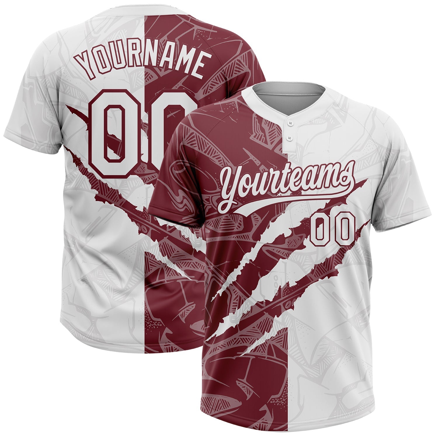 Custom Graffiti Pattern White-Burgundy 3D Scratch Two-Button Unisex Softball Jersey - Main View