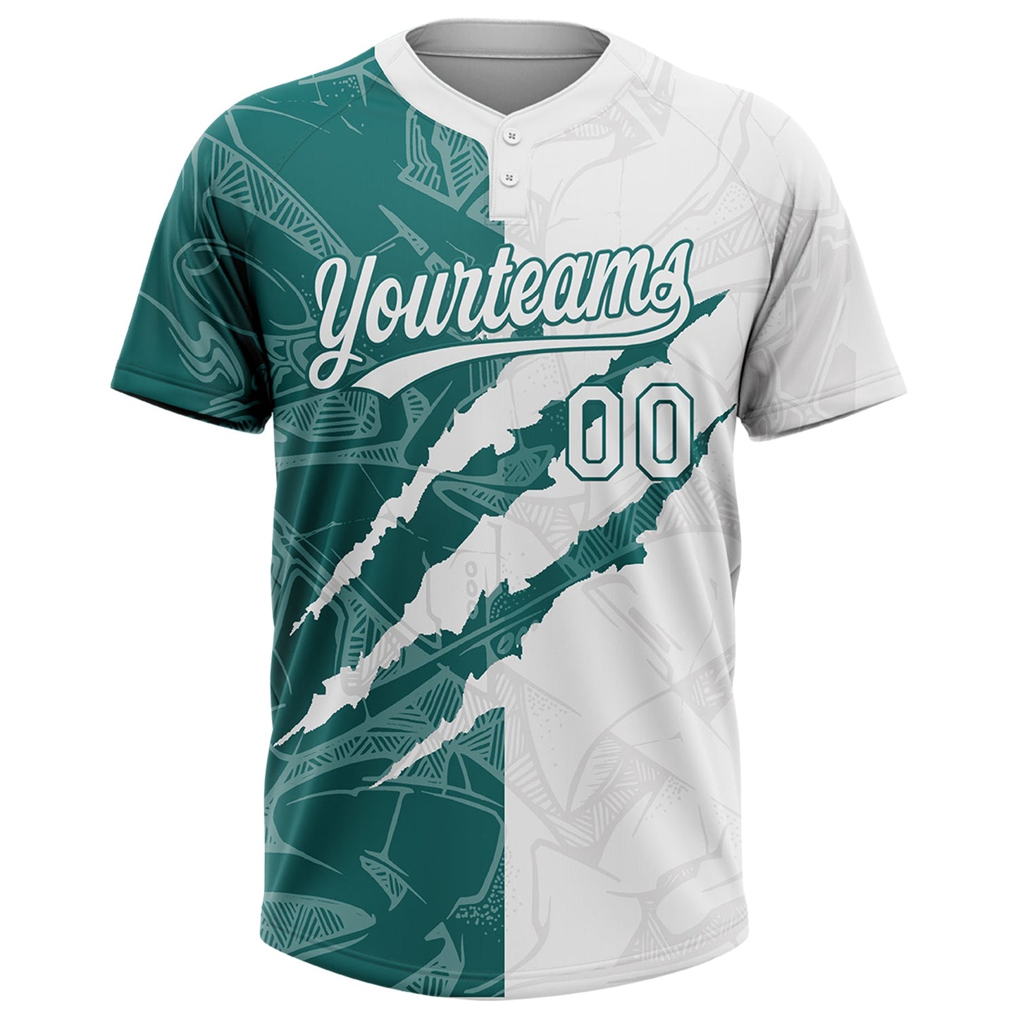 Custom Graffiti Pattern White-Teal 3D Scratch Two-Button Unisex Softball Jersey view 2