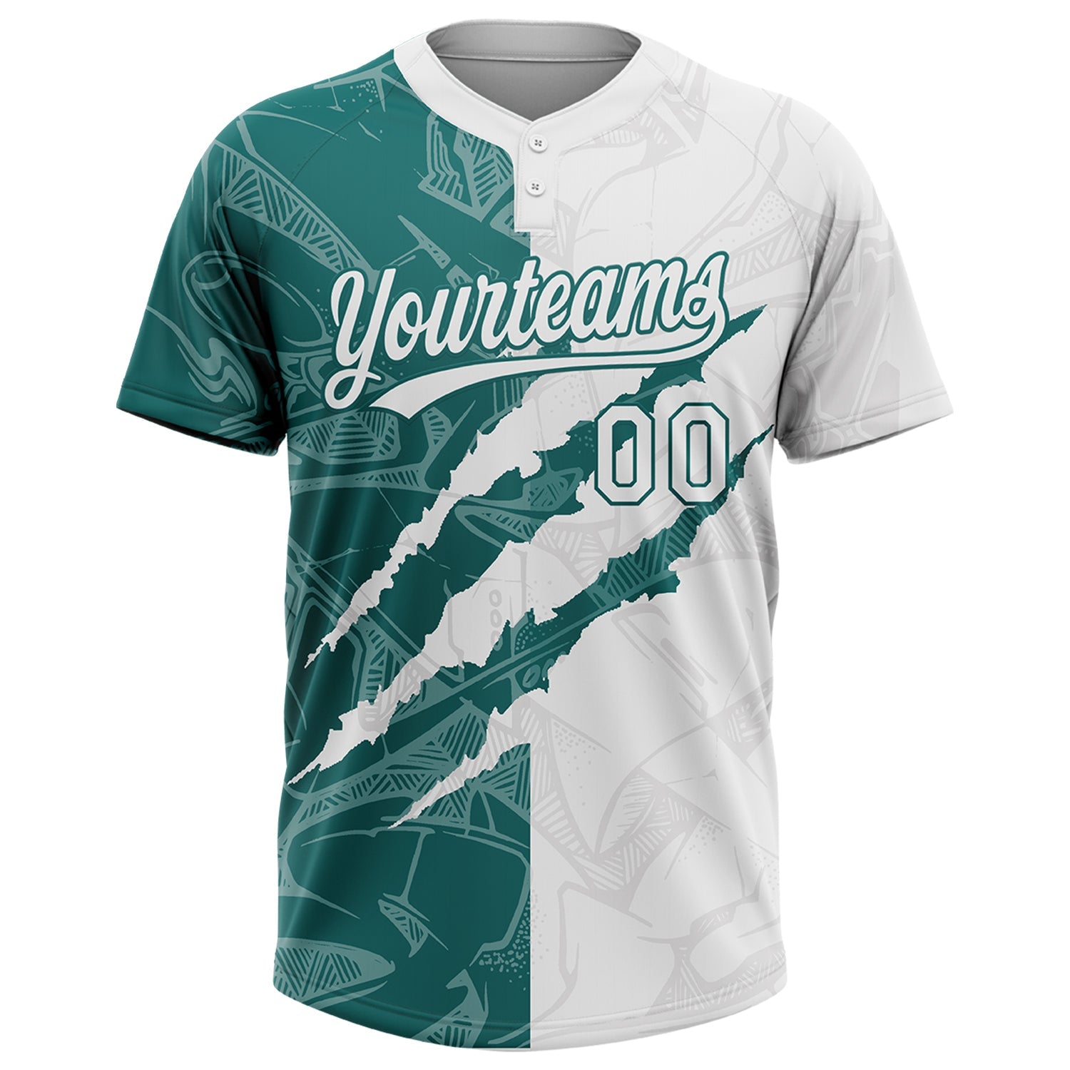 Custom Graffiti Pattern White-Teal 3D Scratch Two-Button Unisex Softball Jersey view 2