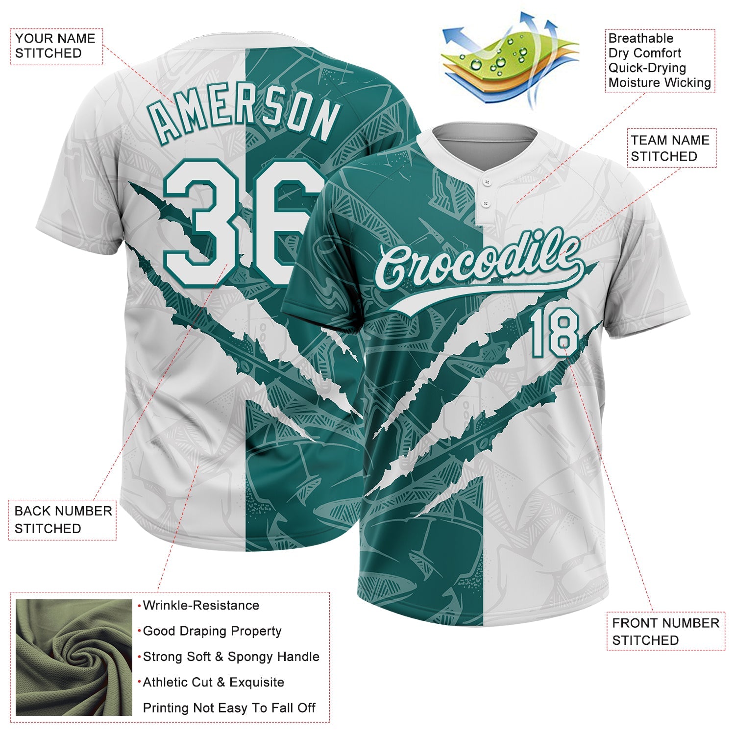 Custom Graffiti Pattern White-Teal 3D Scratch Two-Button Unisex Softball Jersey view 3