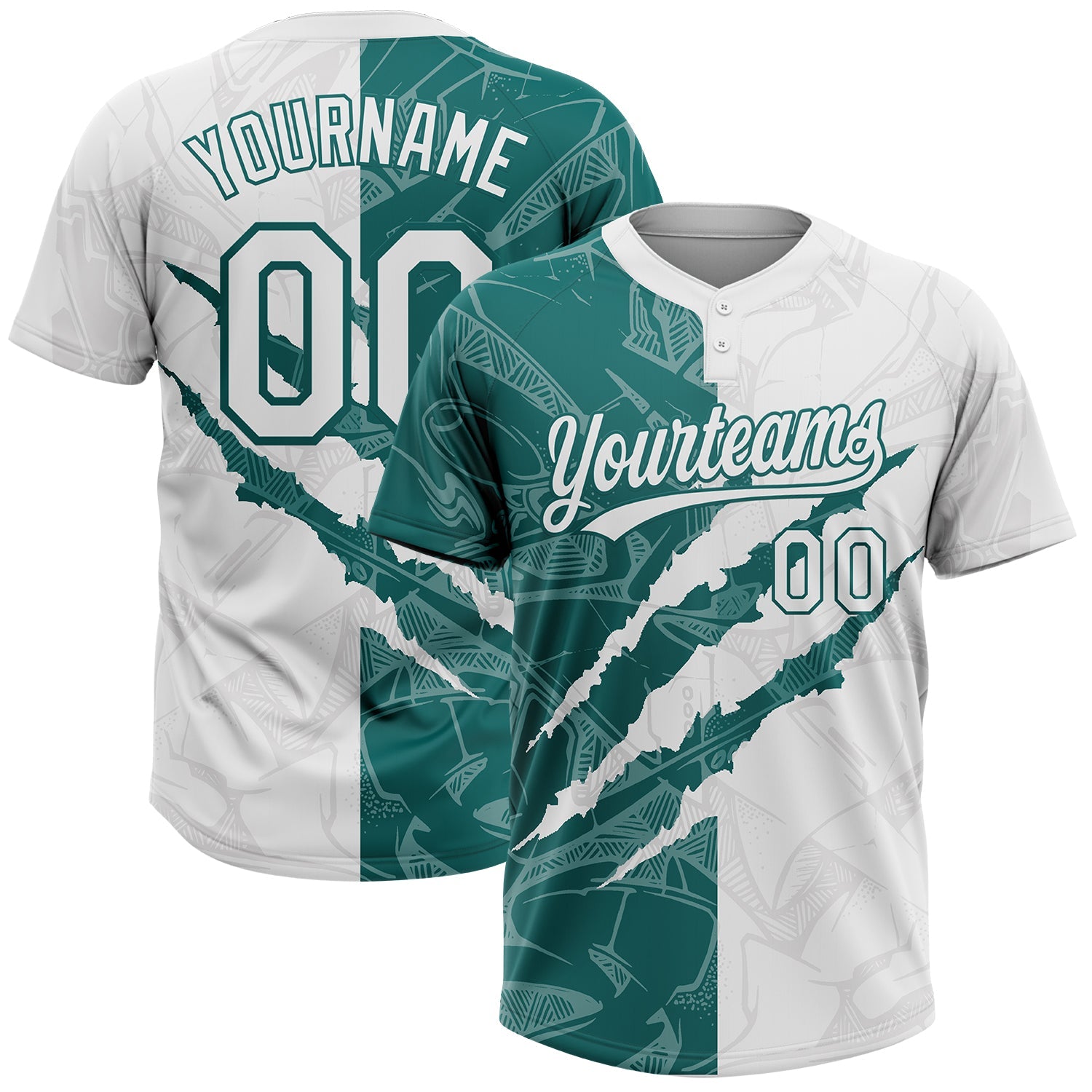 Custom Graffiti Pattern White-Teal 3D Scratch Two-Button Unisex Softball Jersey - Main View