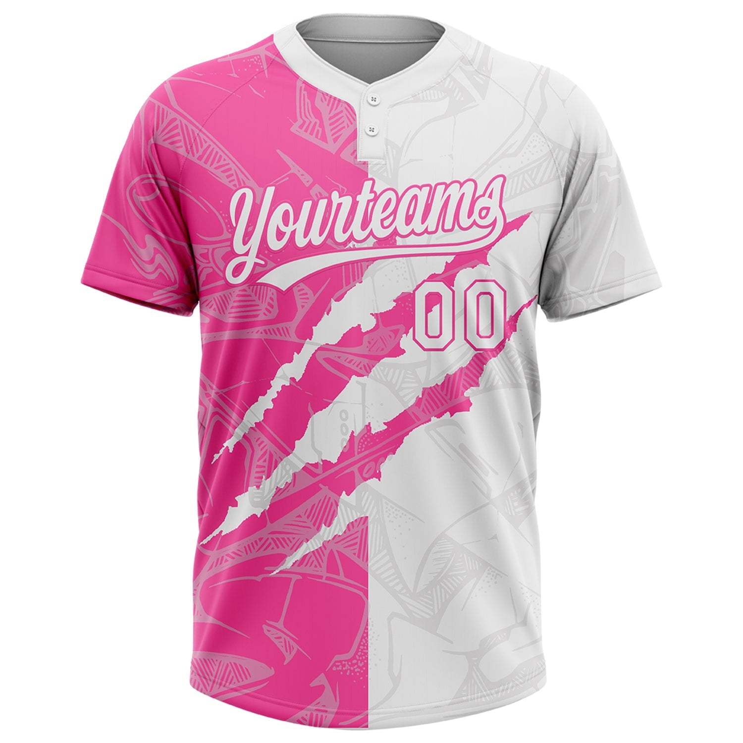 Custom Graffiti Pattern White-Pink 3D Scratch Two-Button Unisex Softball Jersey view 2