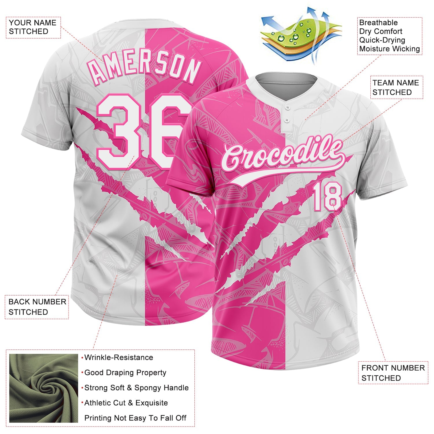 Custom Graffiti Pattern White-Pink 3D Scratch Two-Button Unisex Softball Jersey view 3