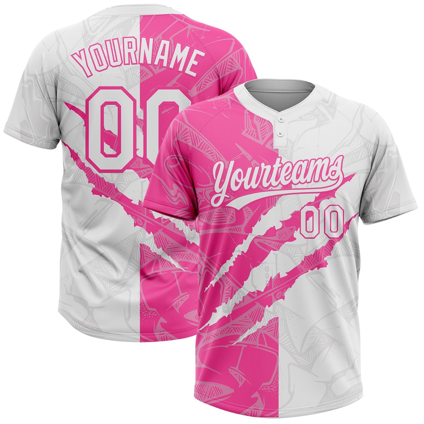 Custom Graffiti Pattern White-Pink 3D Scratch Two-Button Unisex Softball Jersey - Main View