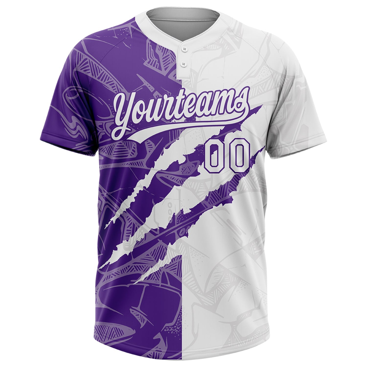Custom Graffiti Pattern White-Purple 3D Scratch Two-Button Unisex Softball Jersey view 2
