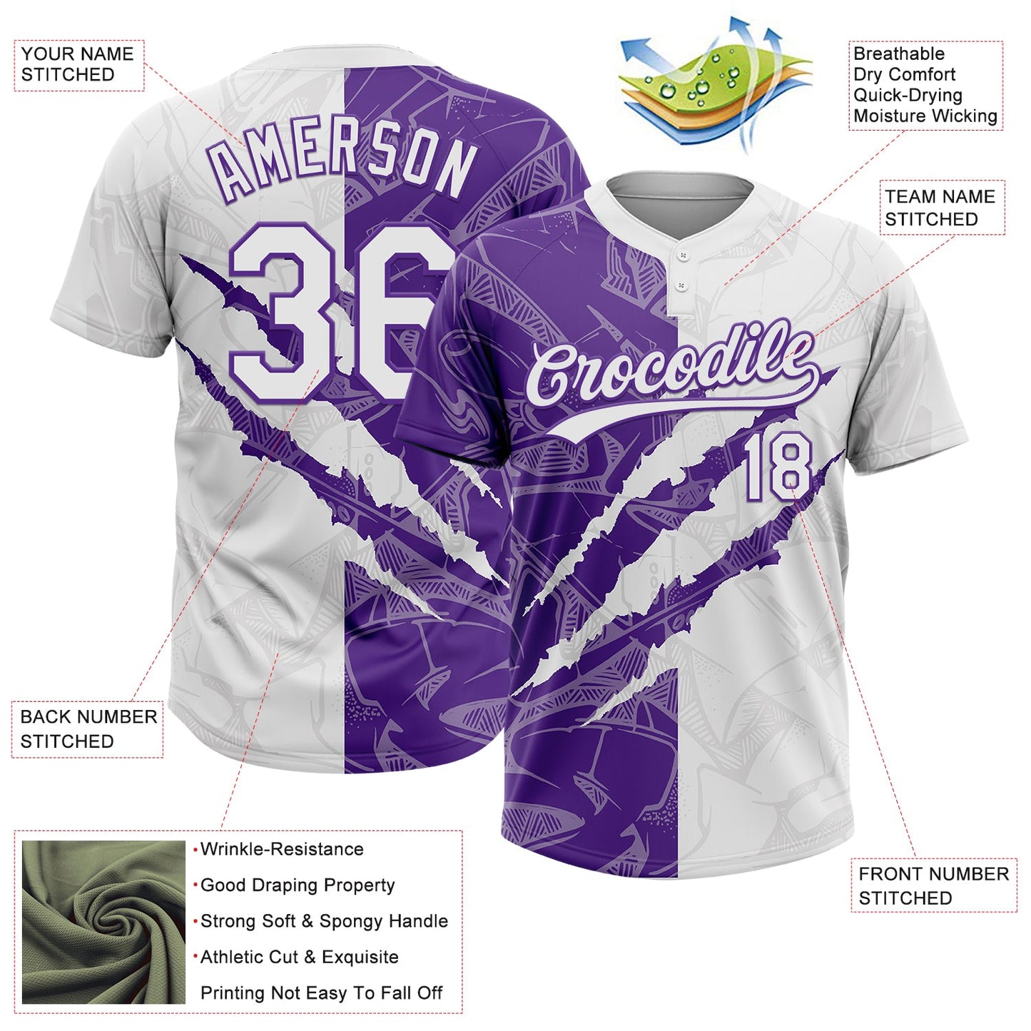 Custom Graffiti Pattern White-Purple 3D Scratch Two-Button Unisex Softball Jersey view 3