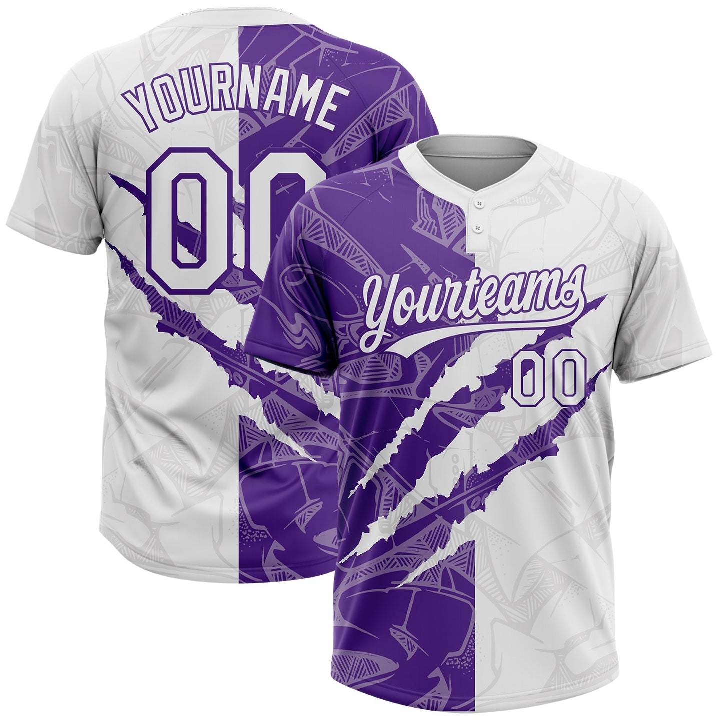 Custom Graffiti Pattern White-Purple 3D Scratch Two-Button Unisex Softball Jersey - Main View