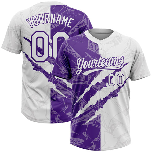 Custom Graffiti Pattern White-Purple 3D Scratch Two-Button Unisex Softball Jersey - Main View
