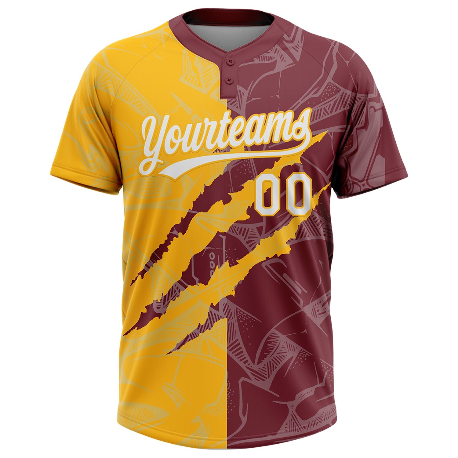 Custom Graffiti Pattern White Burgundy-Gold 3D Scratch Two-Button Unisex Softball Jersey view 2