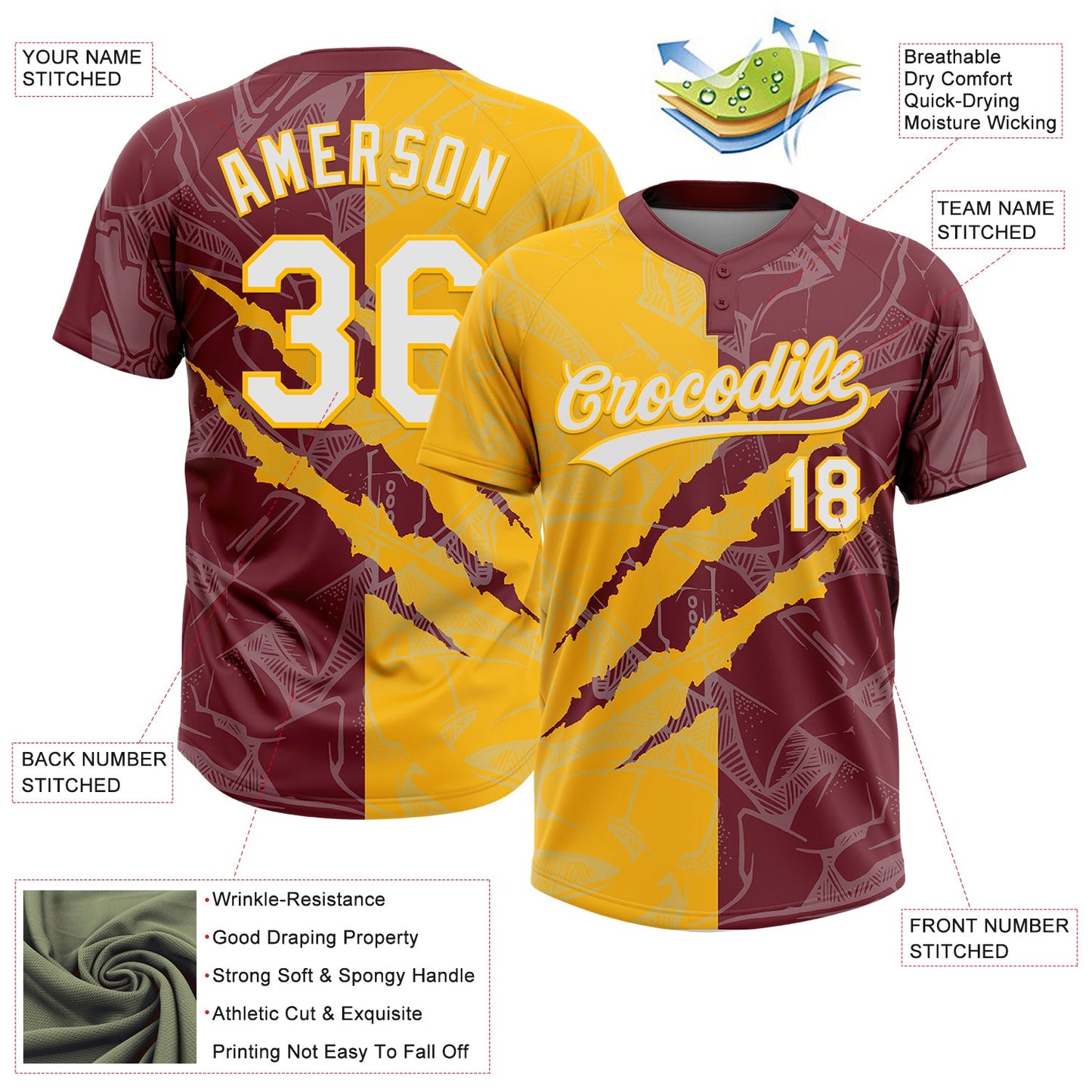 Custom Graffiti Pattern White Burgundy-Gold 3D Scratch Two-Button Unisex Softball Jersey view 3