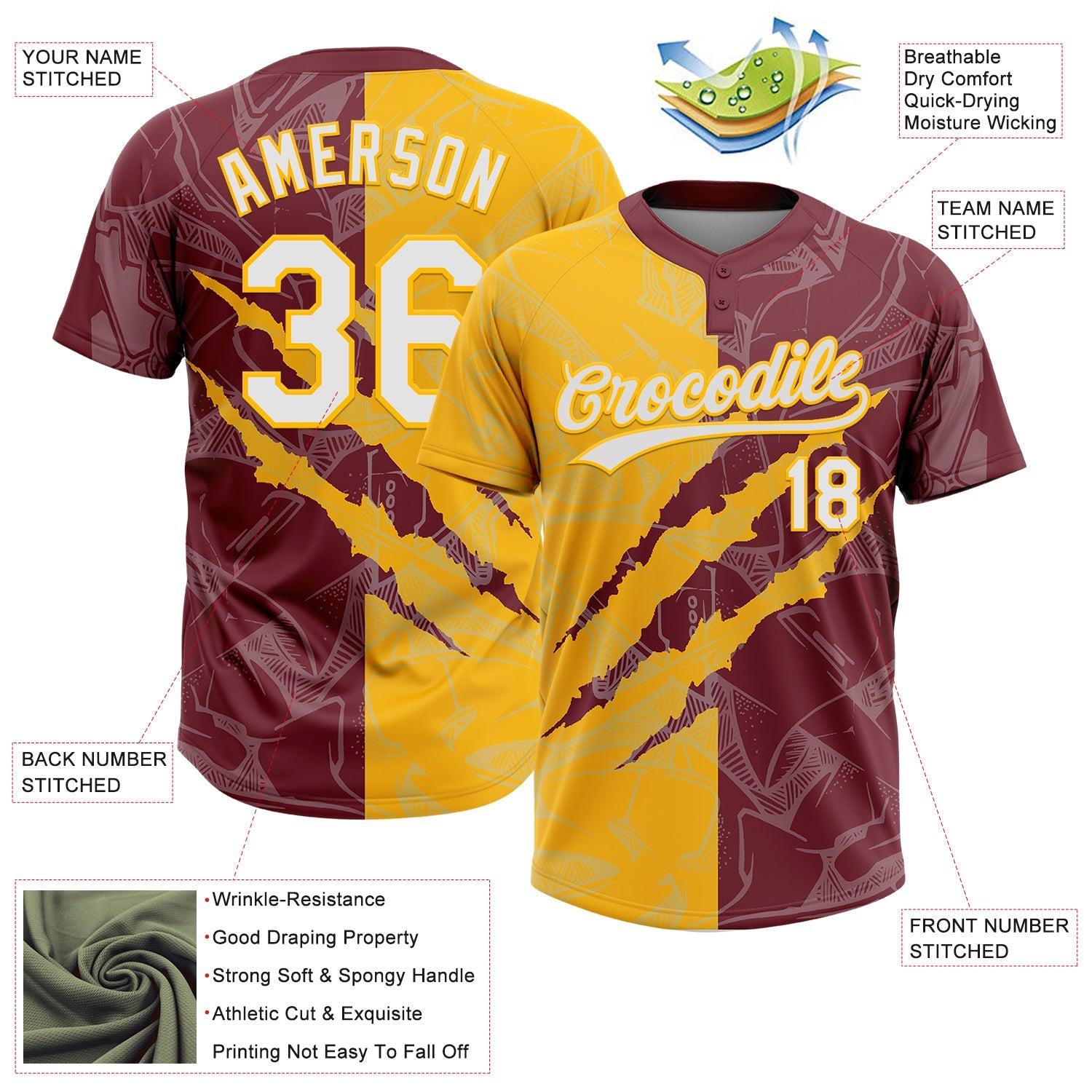 Custom Graffiti Pattern White Burgundy-Gold 3D Scratch Two-Button Unisex Softball Jersey view 3