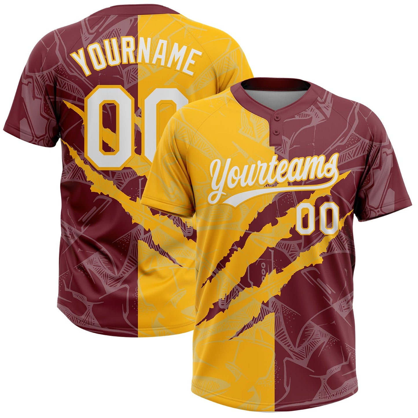 Custom Graffiti Pattern White Burgundy-Gold 3D Scratch Two-Button Unisex Softball Jersey - Main View