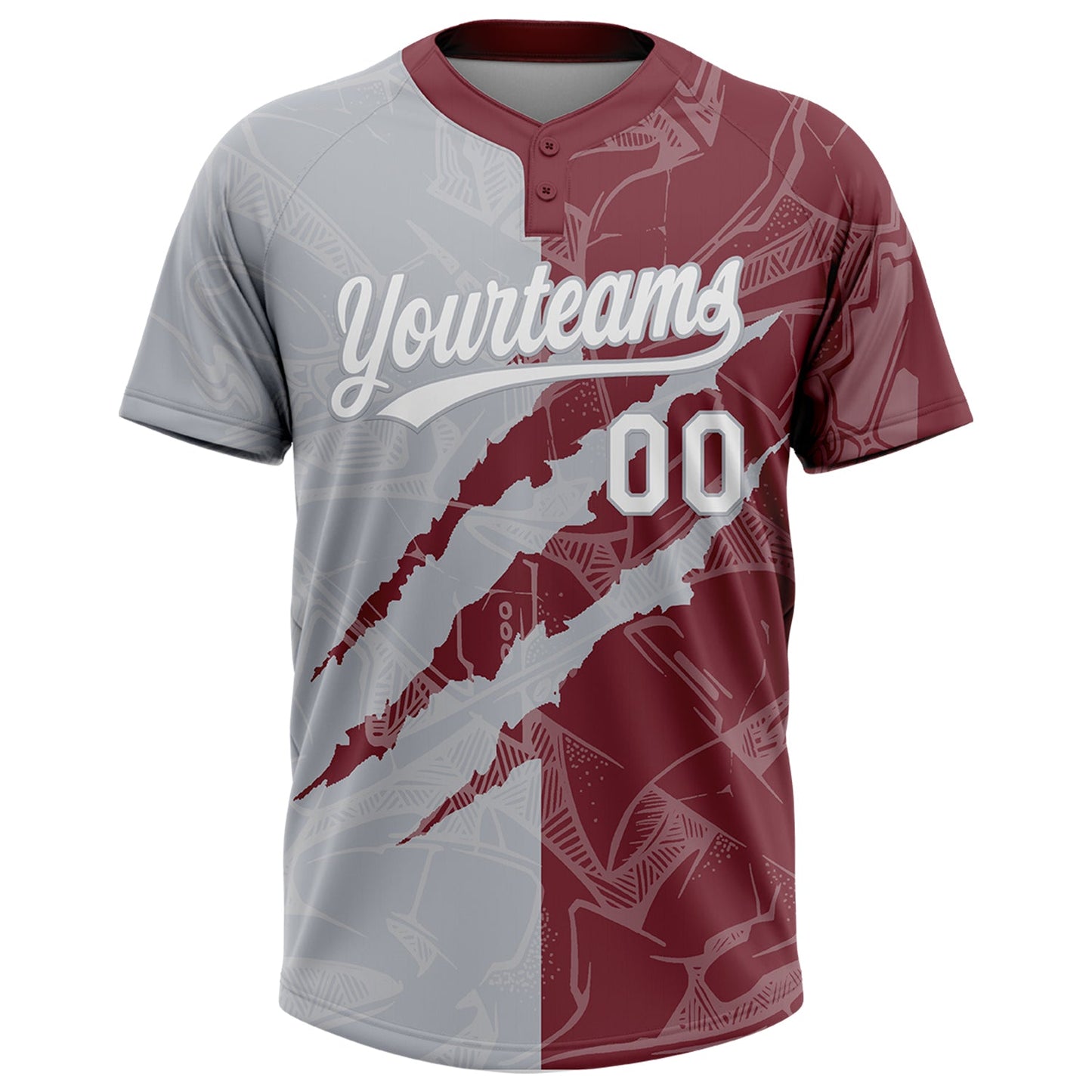 Custom Graffiti Pattern White Burgundy-Gray 3D Scratch Two-Button Unisex Softball Jersey view 2