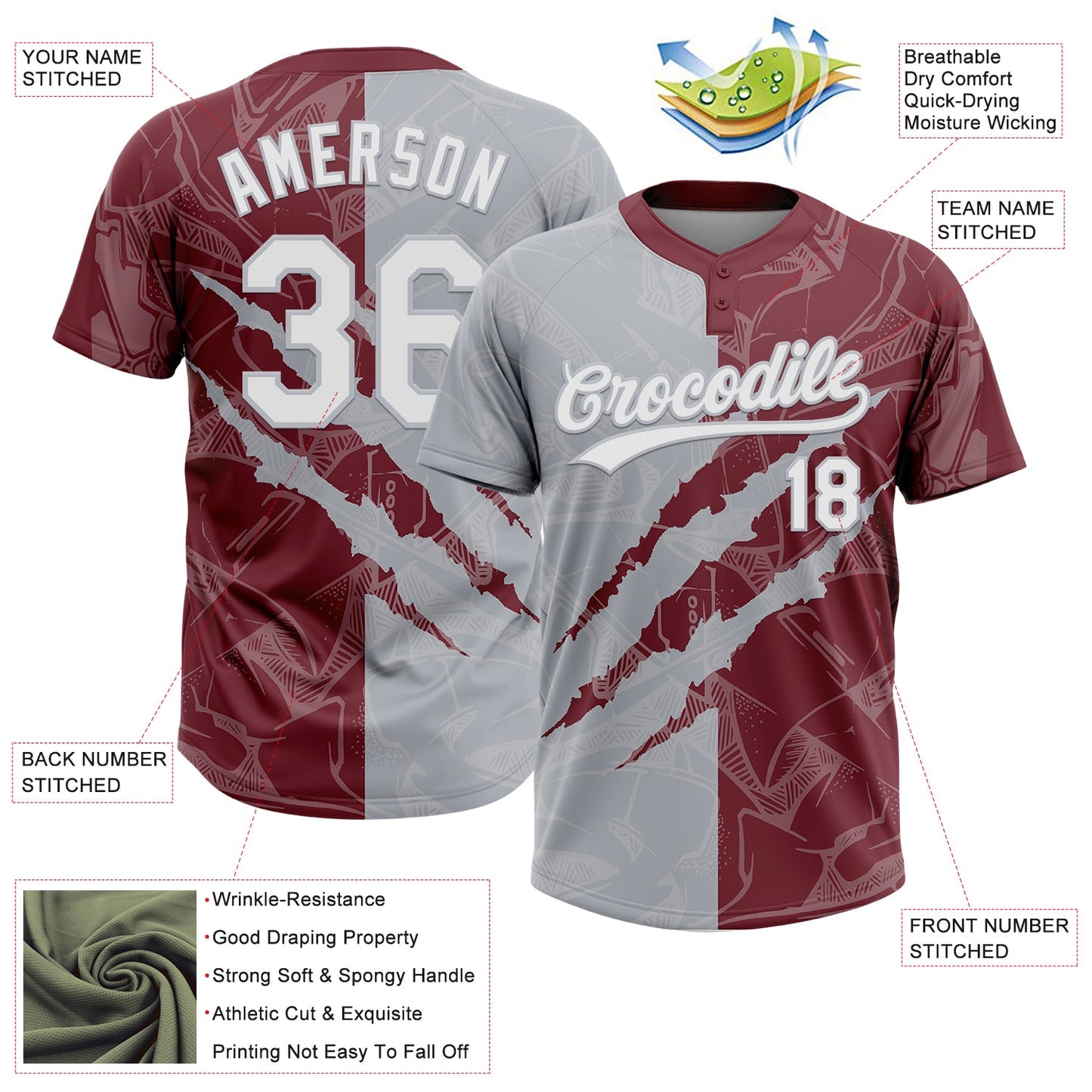 Custom Graffiti Pattern White Burgundy-Gray 3D Scratch Two-Button Unisex Softball Jersey view 3