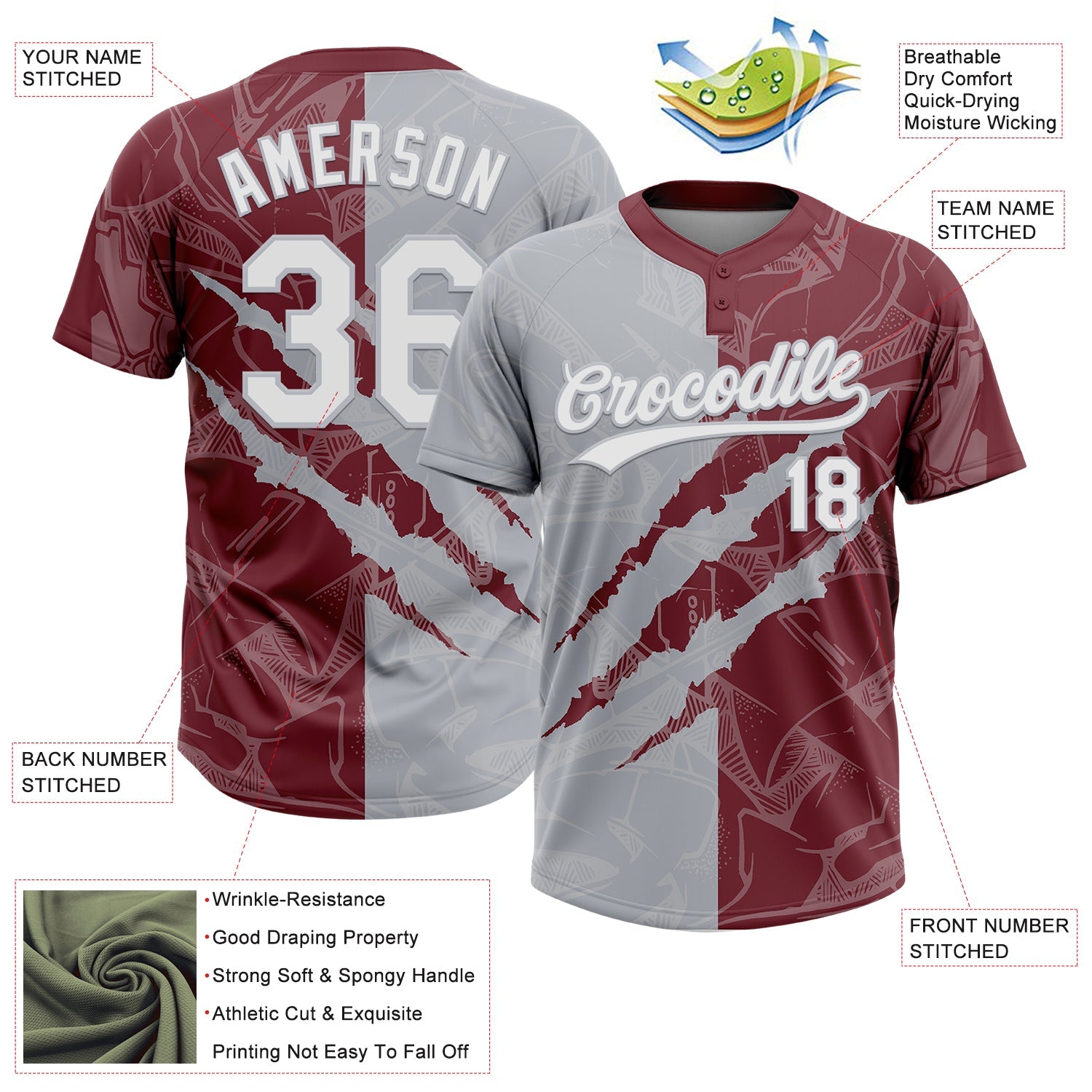 Custom Graffiti Pattern White Burgundy-Gray 3D Scratch Two-Button Unisex Softball Jersey view 3