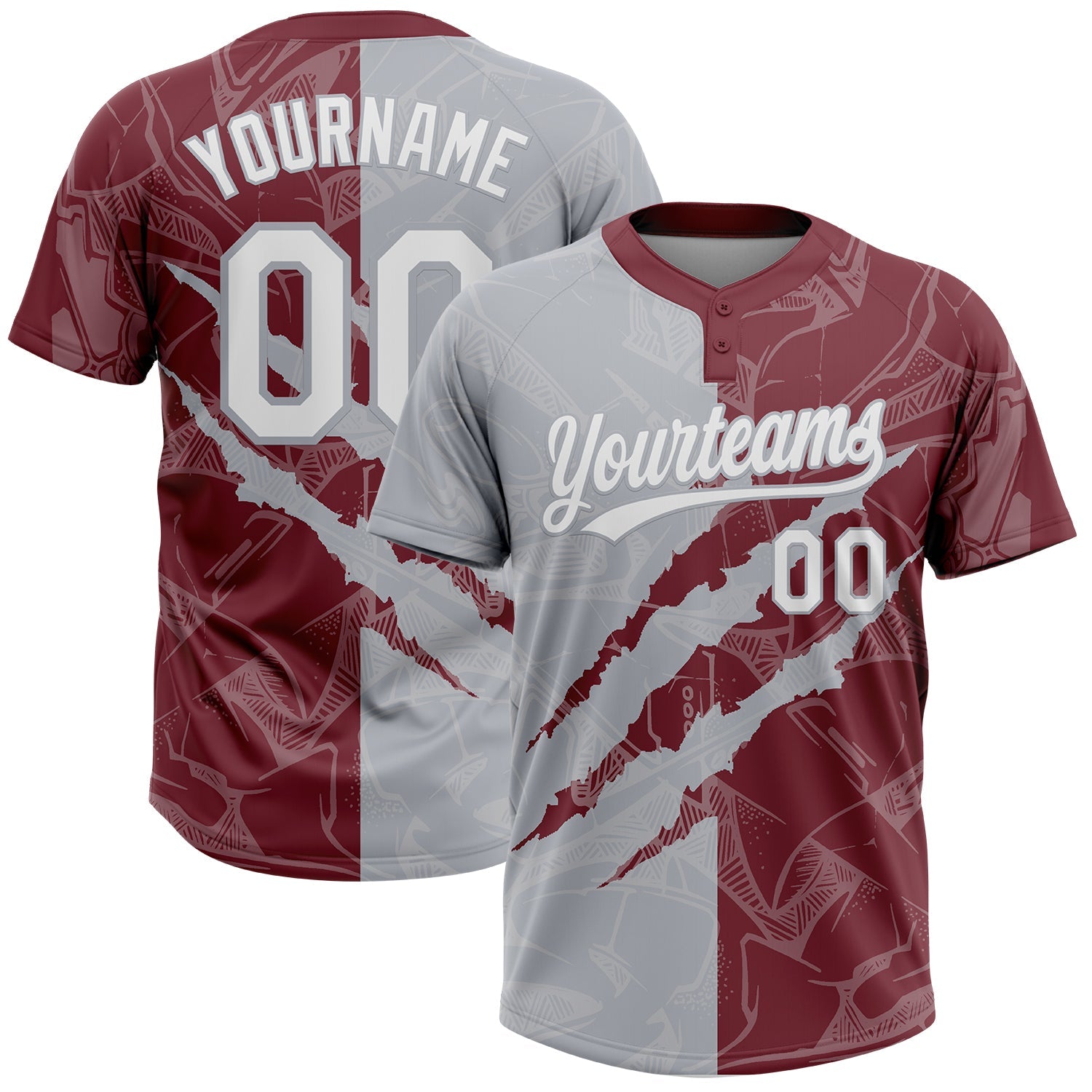 Custom Graffiti Pattern White Burgundy-Gray 3D Scratch Two-Button Unisex Softball Jersey - Main View