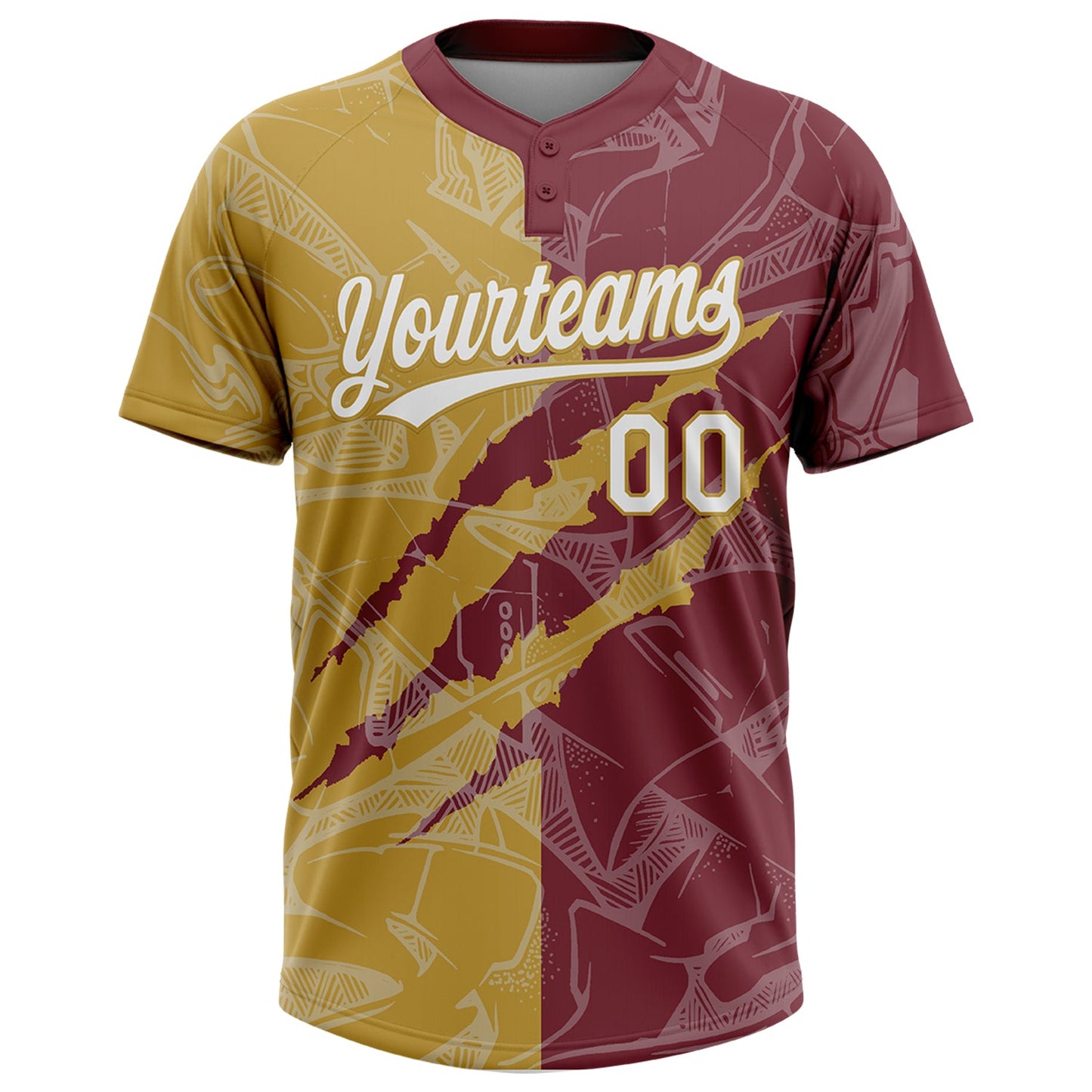 Custom Graffiti Pattern White Burgundy-Old Gold 3D Scratch Two-Button Unisex Softball Jersey view 2