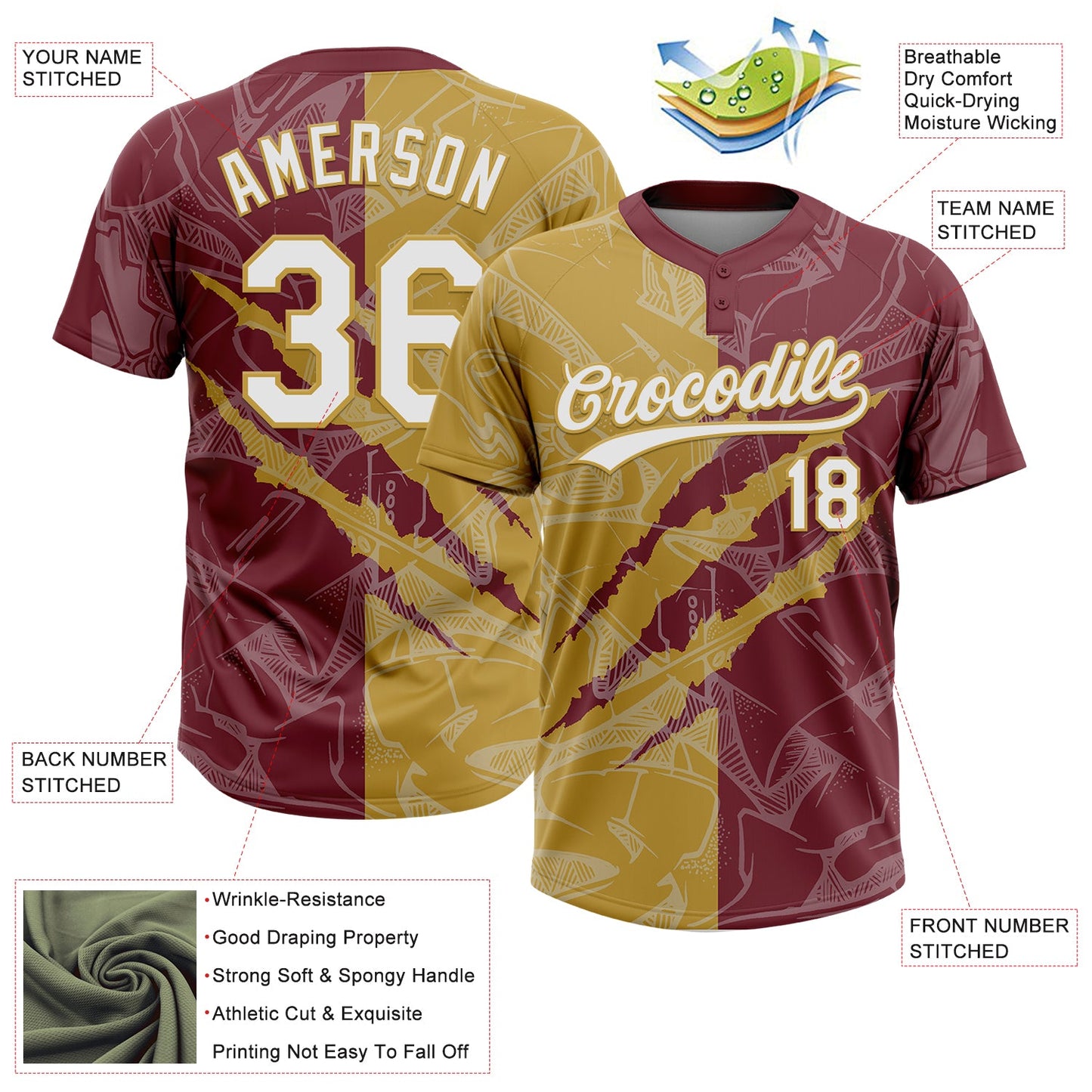 Custom Graffiti Pattern White Burgundy-Old Gold 3D Scratch Two-Button Unisex Softball Jersey view 3