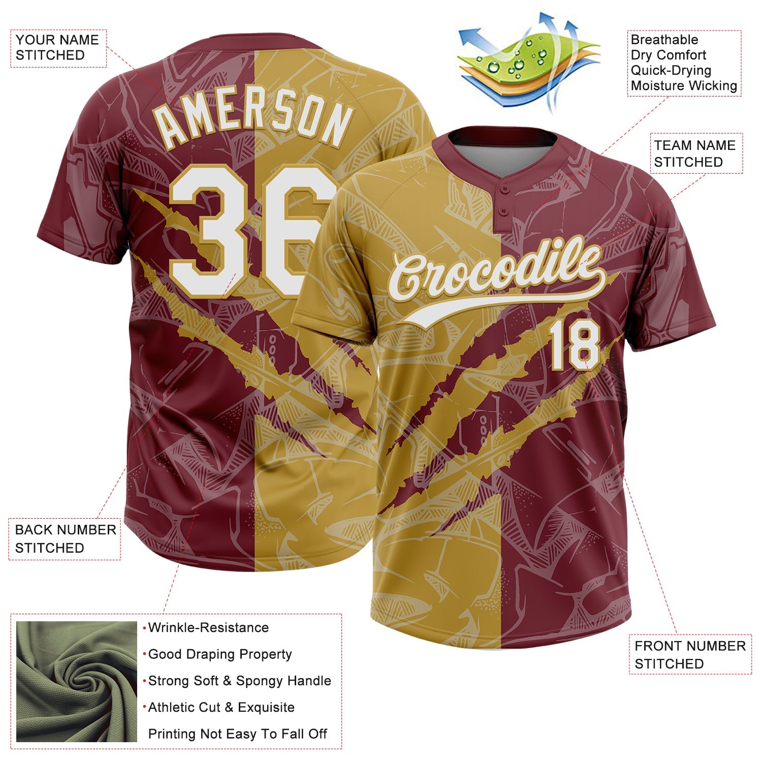 Custom Graffiti Pattern White Burgundy-Old Gold 3D Scratch Two-Button Unisex Softball Jersey view 3