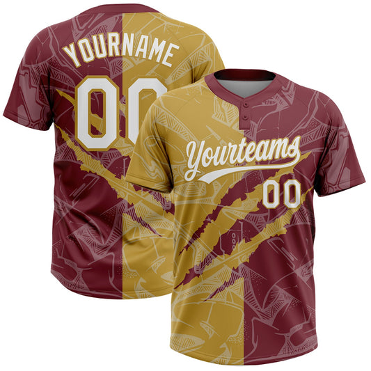 Custom Graffiti Pattern White Burgundy-Old Gold 3D Scratch Two-Button Unisex Softball Jersey - Main View