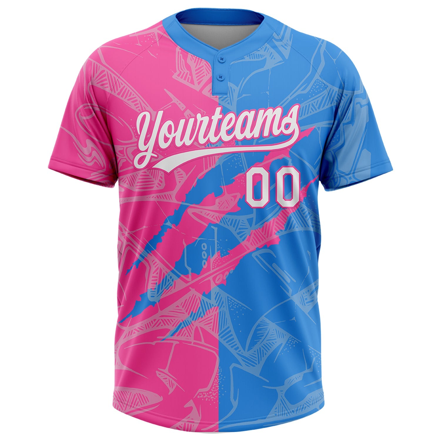 Custom Graffiti Pattern White Electric Blue-Pink 3D Scratch Two-Button Unisex Softball Jersey view 2