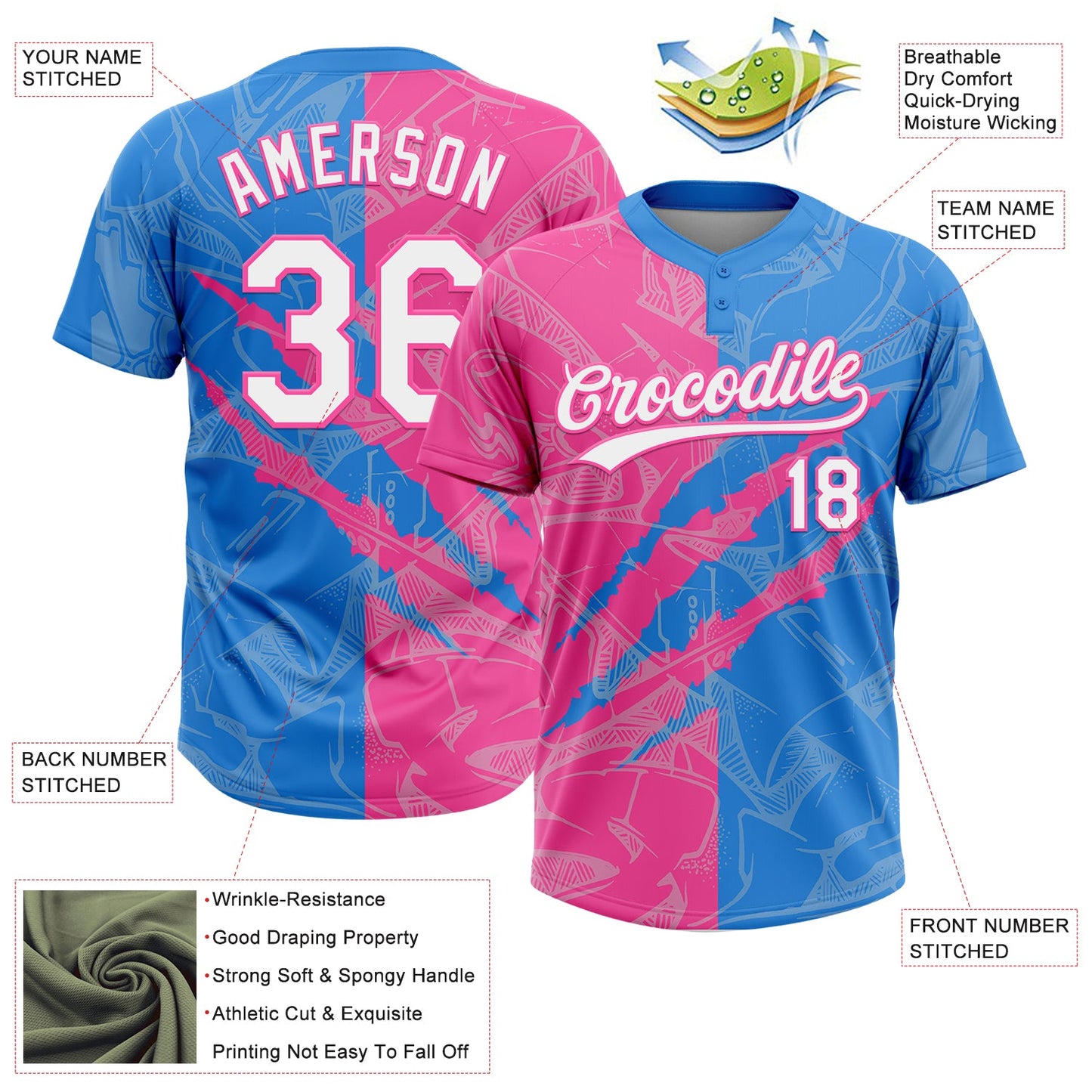 Custom Graffiti Pattern White Electric Blue-Pink 3D Scratch Two-Button Unisex Softball Jersey view 3