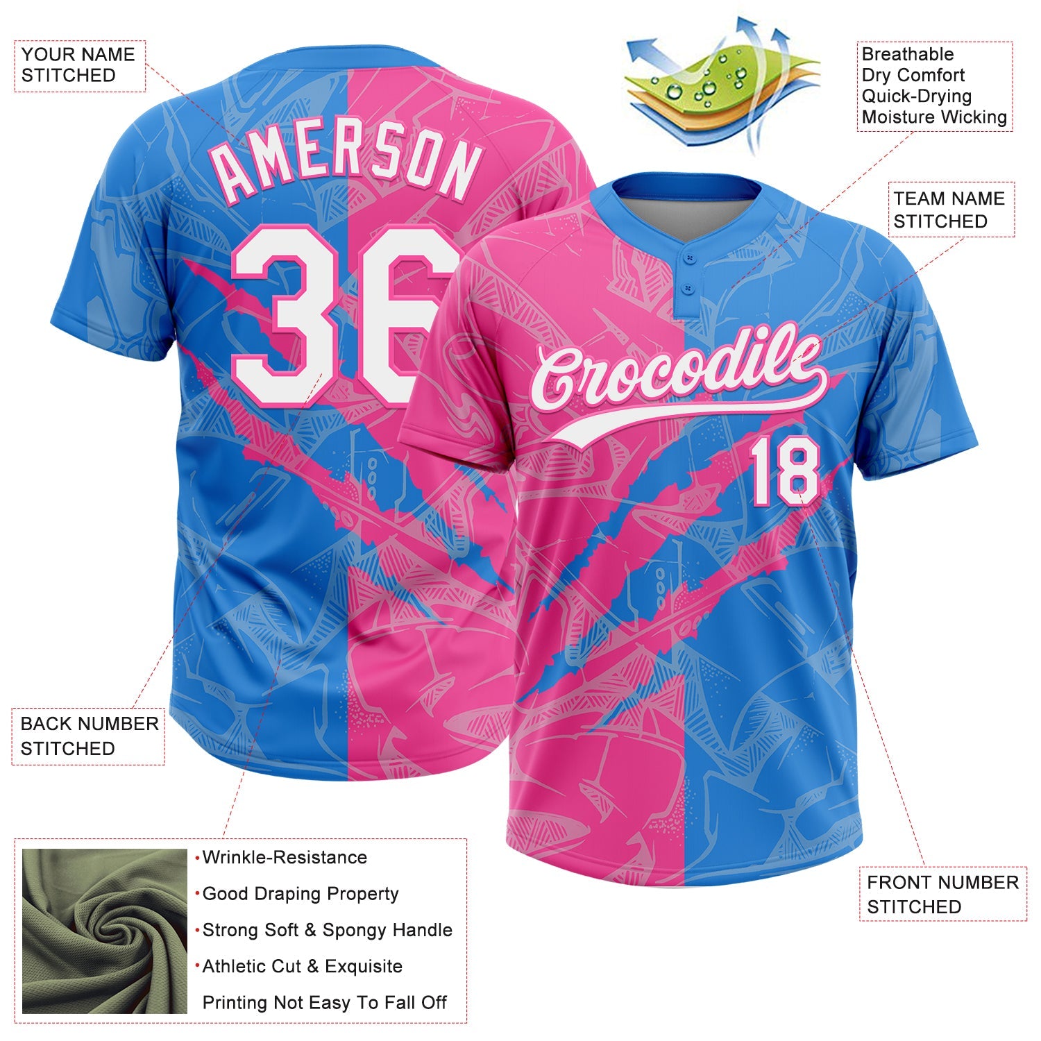 Custom Graffiti Pattern White Electric Blue-Pink 3D Scratch Two-Button Unisex Softball Jersey view 3