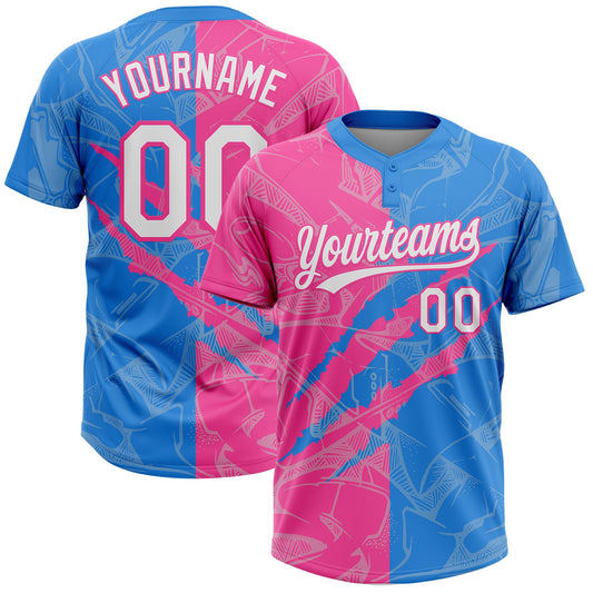 Custom Graffiti Pattern White Electric Blue-Pink 3D Scratch Two-Button Unisex Softball Jersey - Main View