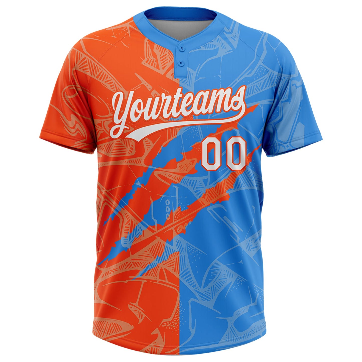 Custom Graffiti Pattern White Electric Blue-Orange 3D Scratch Two-Button Unisex Softball Jersey view 2