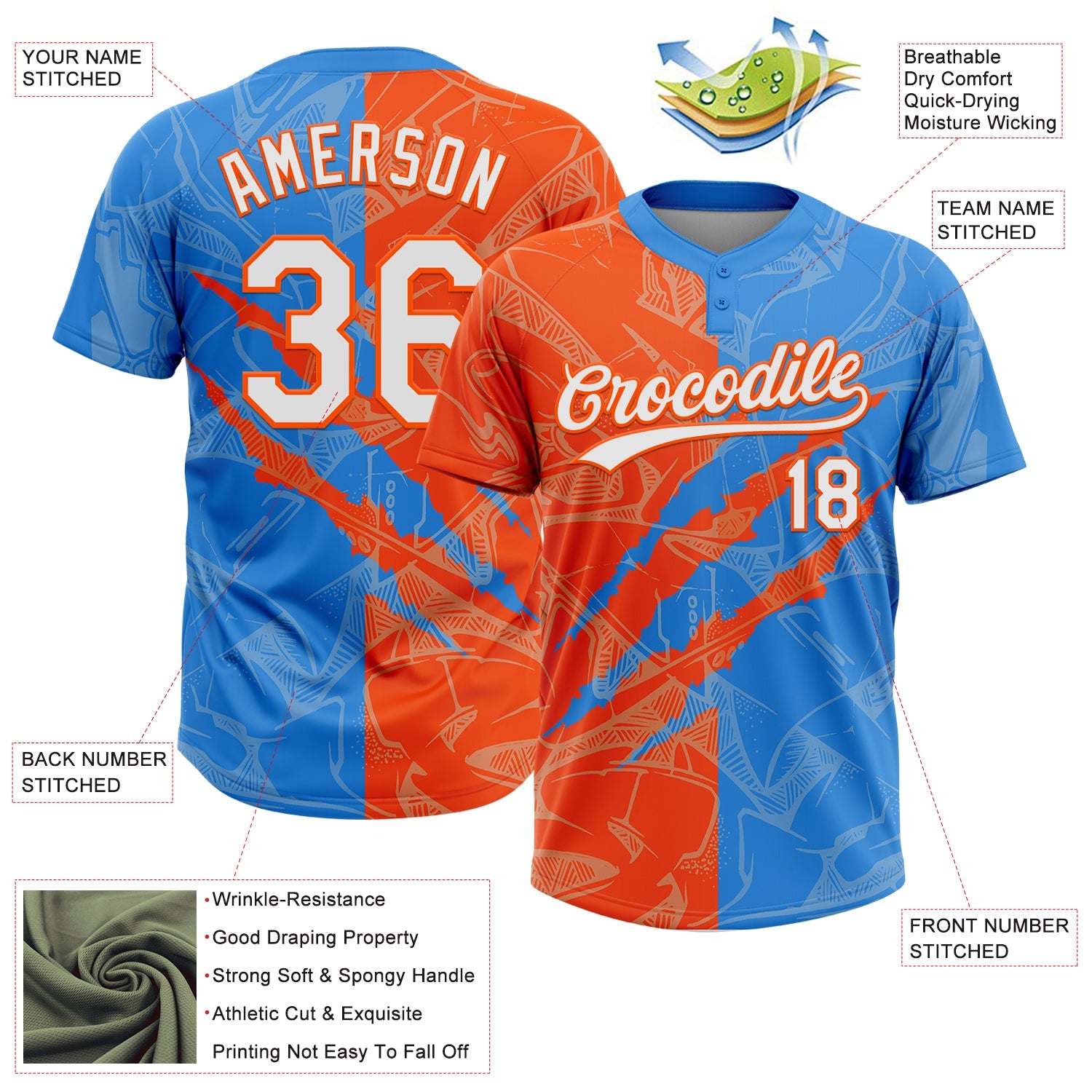 Custom Graffiti Pattern White Electric Blue-Orange 3D Scratch Two-Button Unisex Softball Jersey view 3
