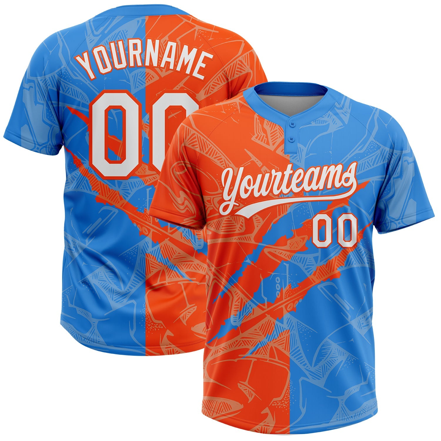 Custom Graffiti Pattern White Electric Blue-Orange 3D Scratch Two-Button Unisex Softball Jersey - Main View