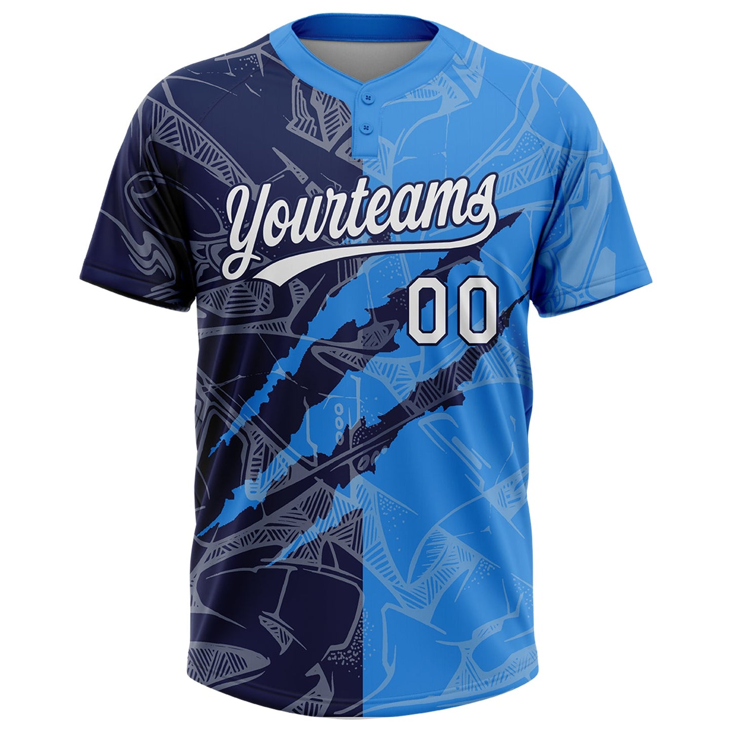 Custom Graffiti Pattern White Electric Blue-Navy 3D Scratch Two-Button Unisex Softball Jersey view 2