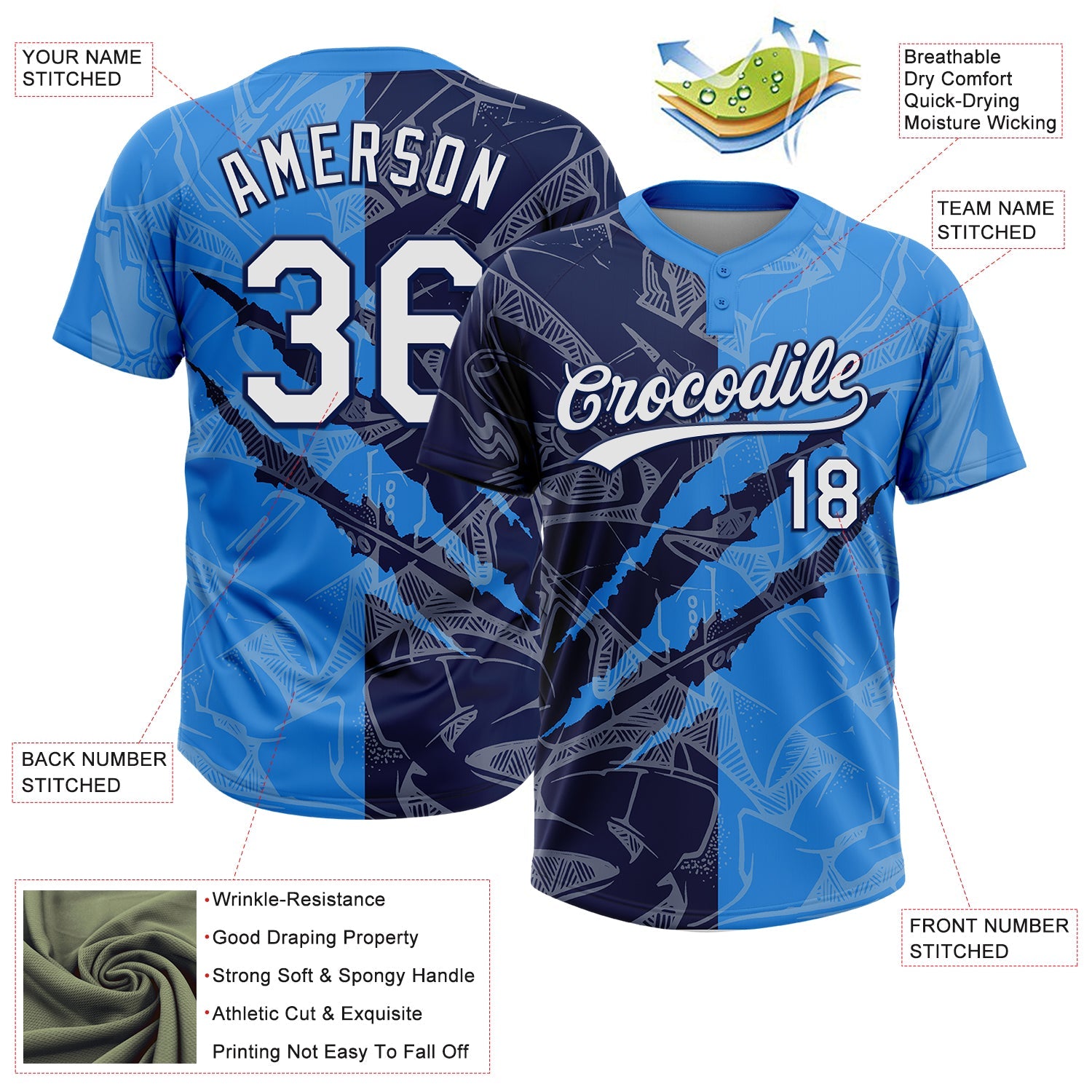 Custom Graffiti Pattern White Electric Blue-Navy 3D Scratch Two-Button Unisex Softball Jersey view 3