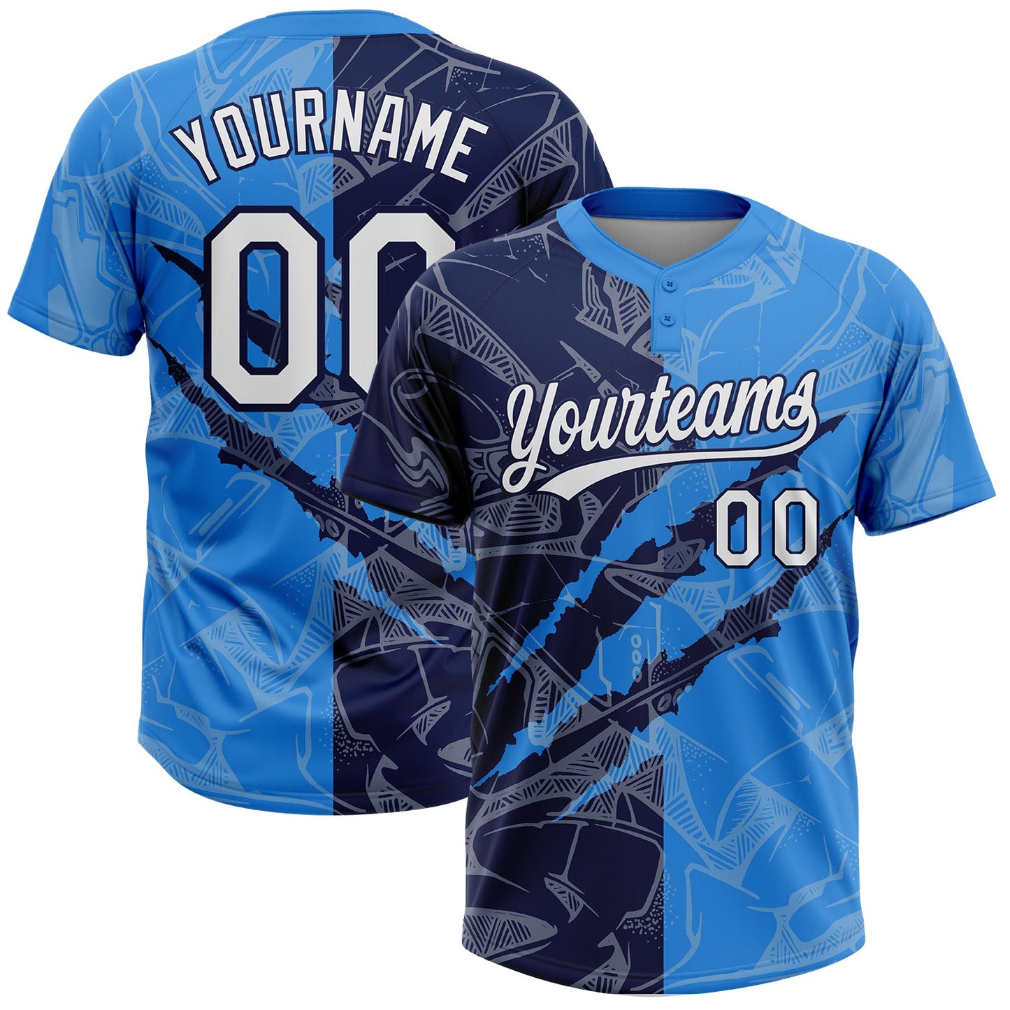 Custom Graffiti Pattern White Electric Blue-Navy 3D Scratch Two-Button Unisex Softball Jersey - Main View