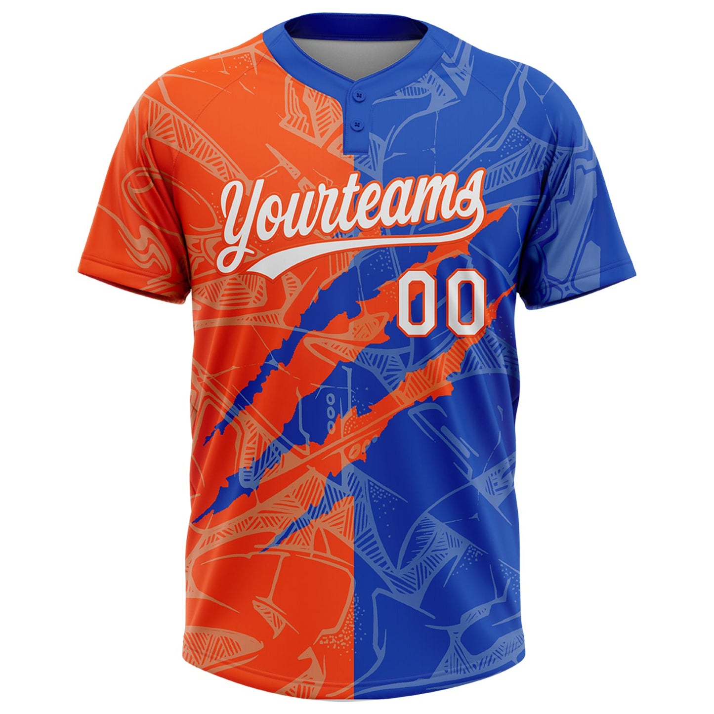 Custom Graffiti Pattern White Thunder Blue-Orange 3D Scratch Two-Button Unisex Softball Jersey view 2