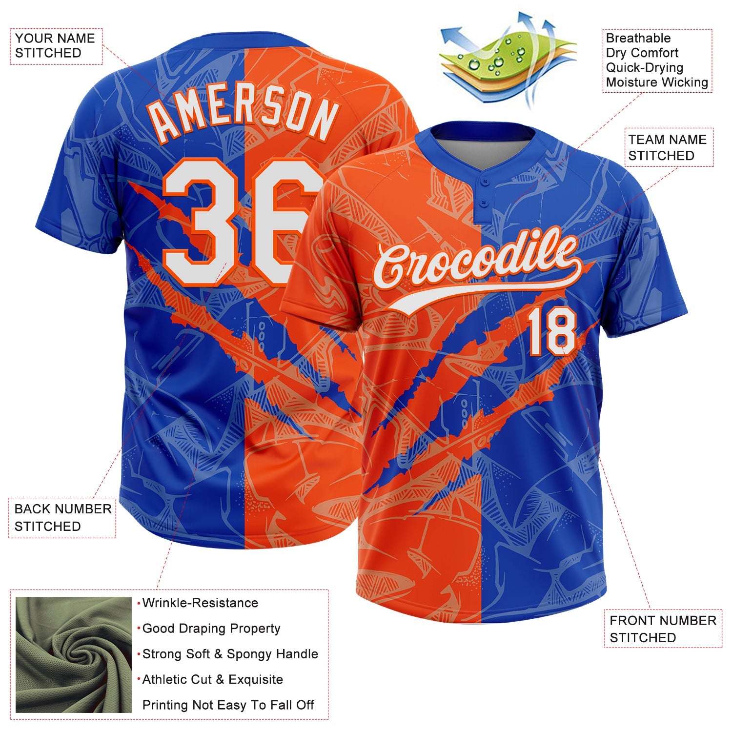 Custom Graffiti Pattern White Thunder Blue-Orange 3D Scratch Two-Button Unisex Softball Jersey view 3