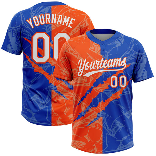 Custom Graffiti Pattern White Thunder Blue-Orange 3D Scratch Two-Button Unisex Softball Jersey - Main View