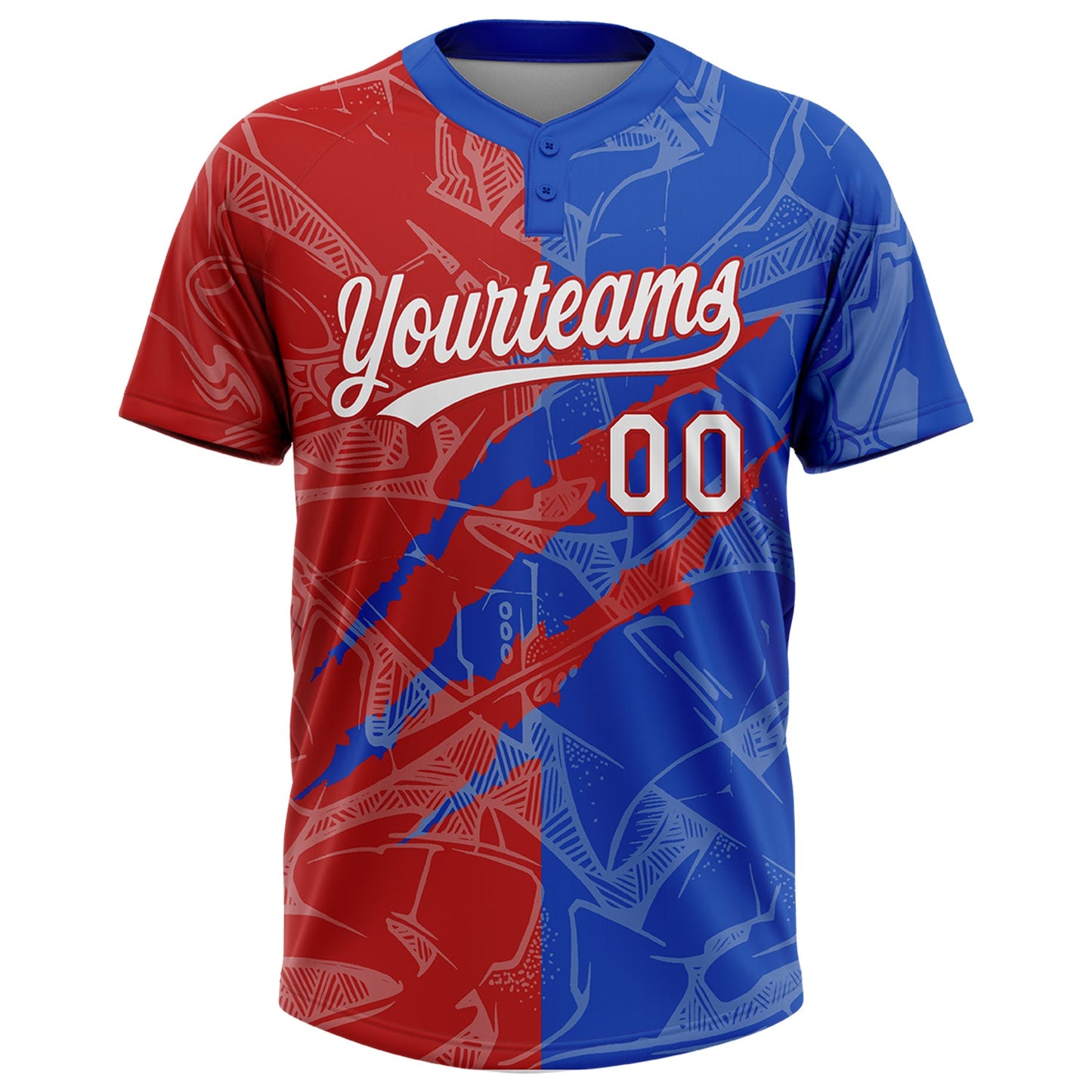 Custom Graffiti Pattern White Thunder Blue-Red 3D Scratch Two-Button Unisex Softball Jersey view 2
